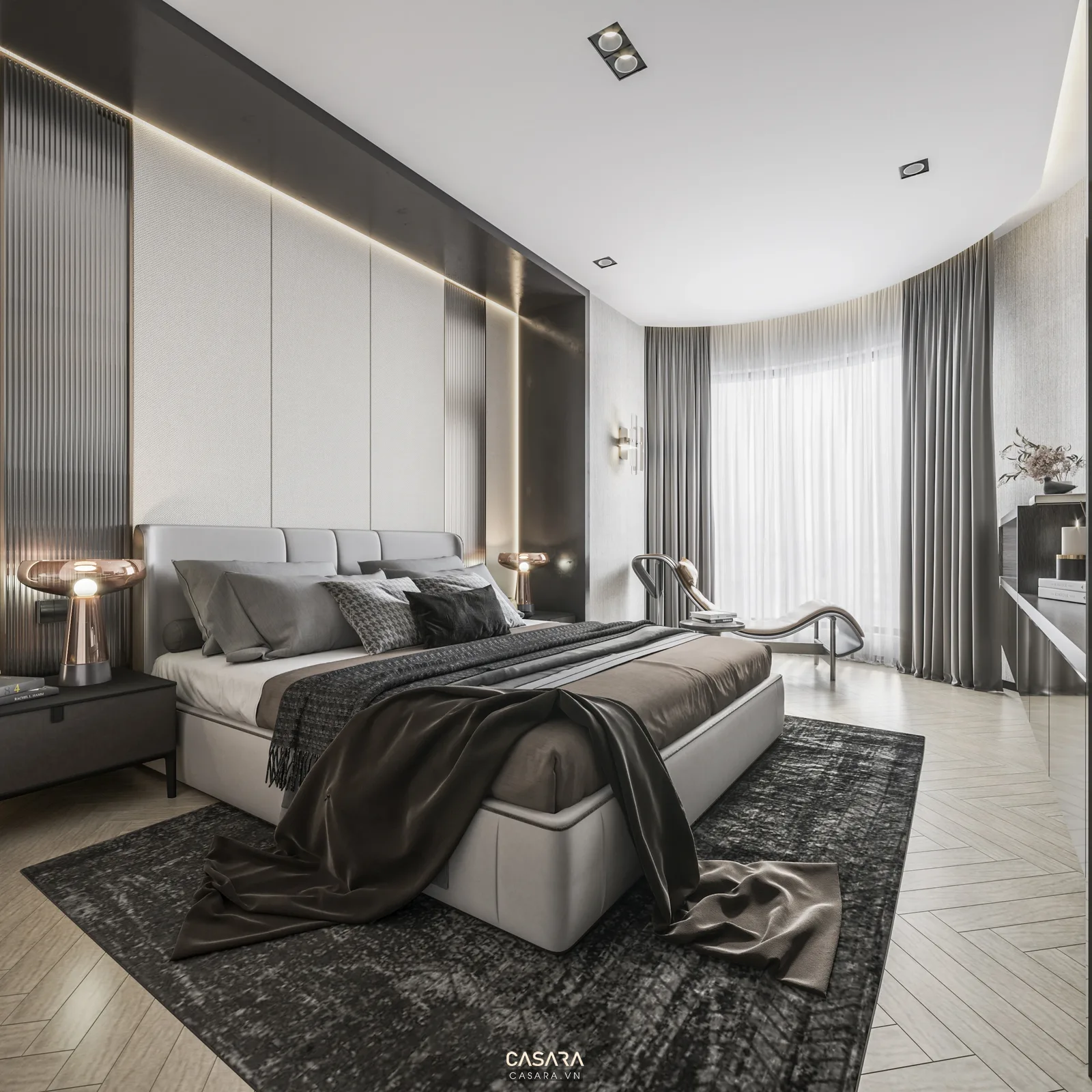 Phòng ngủ chung cư hiện đại có đầu giường bọc nệm và rèm cao