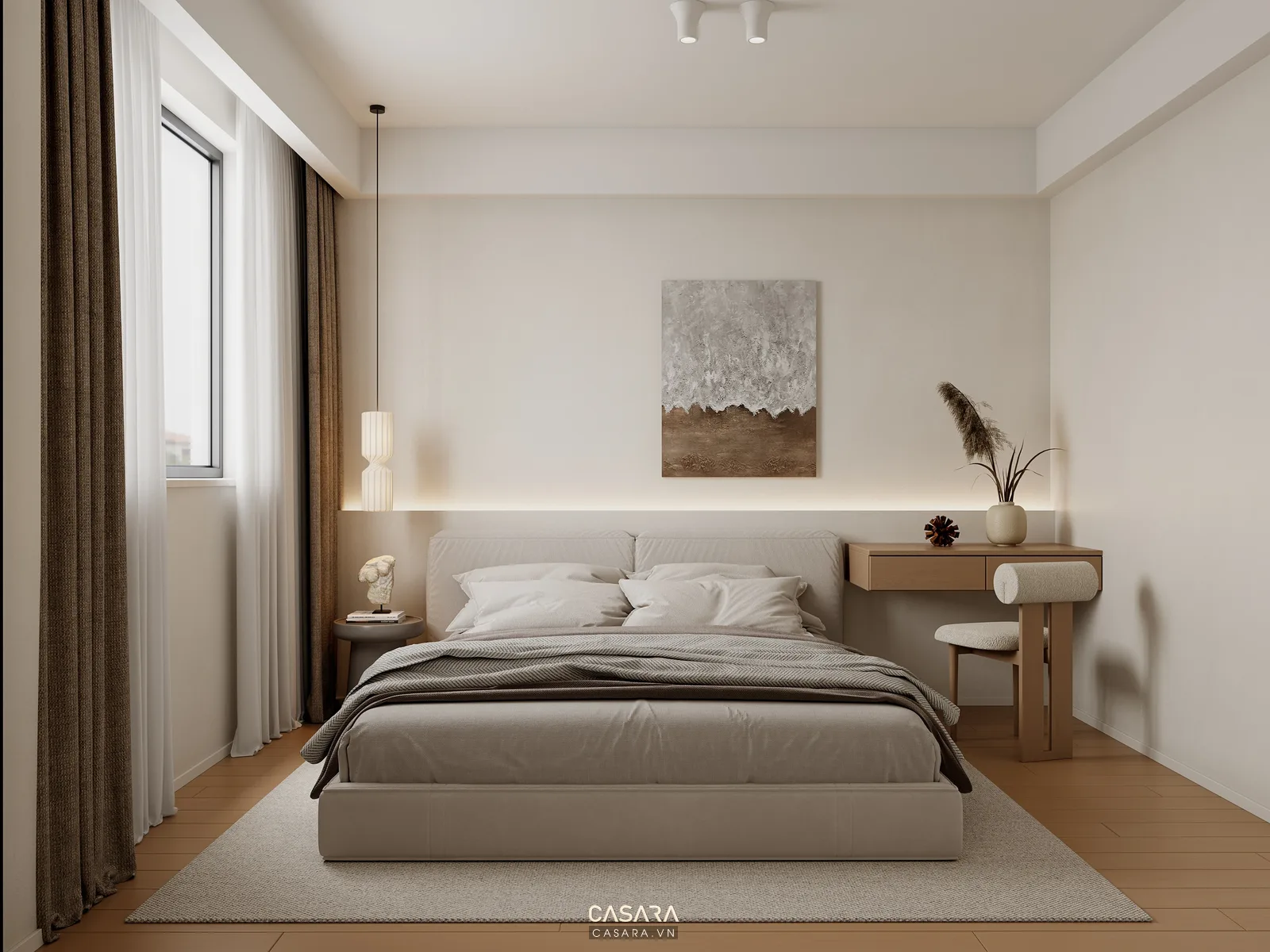 Công ty thiết kế nội thất phòng ngủ hiện đại với giường đôi tủ quần áo kịch trần bàn trang điểm nhỏ và rèm hai lớp