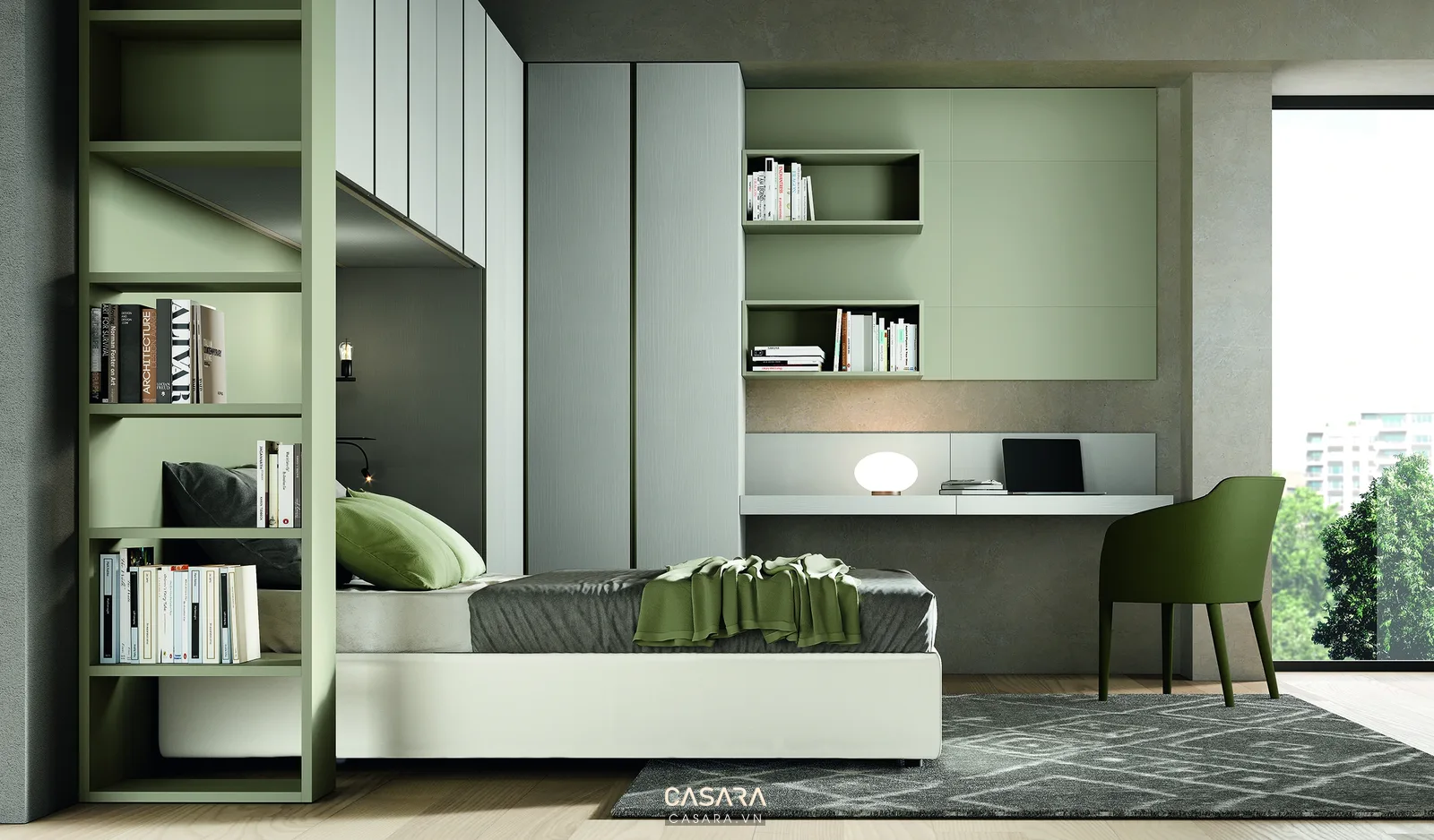 Phòng ngủ nhỏ có giường hộc kéo trong nhà 60m2 2 phòng ngủ