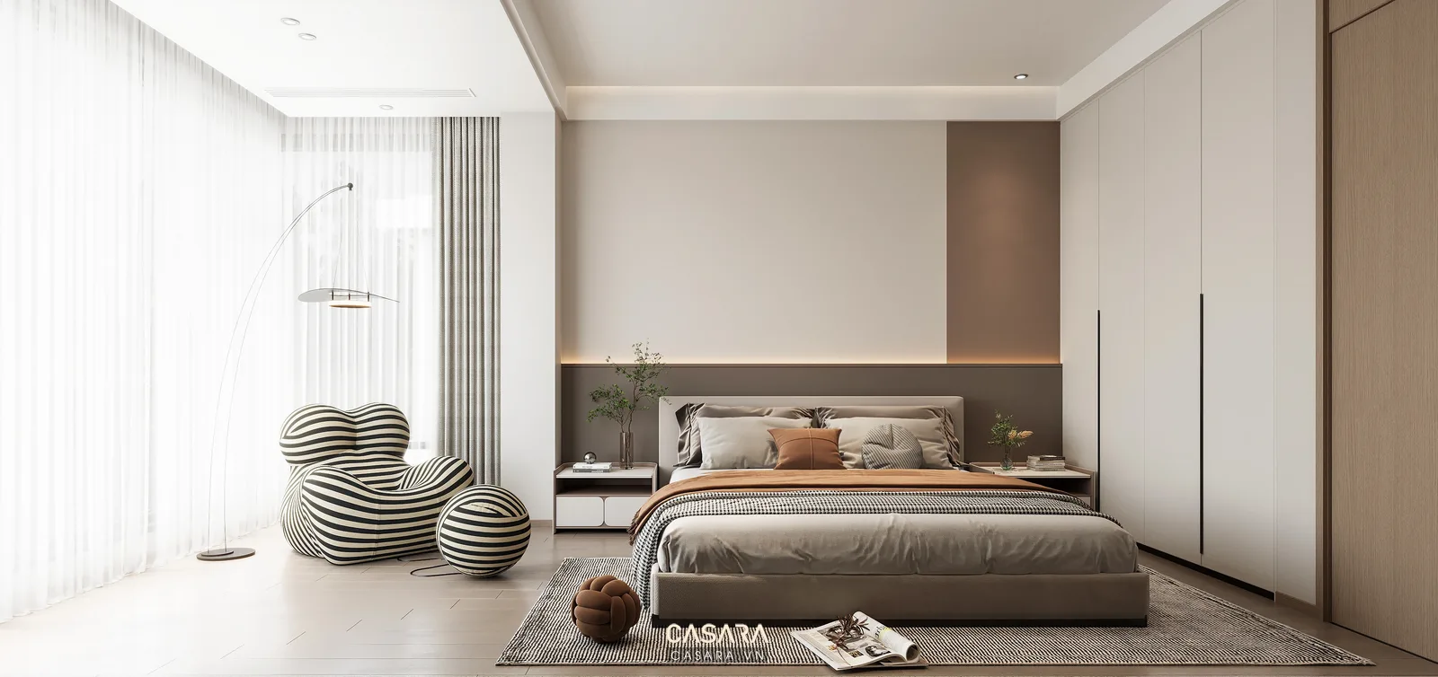 nội thất phòng ngủ chung cư hiện đại với giường và tủ áo âm tường