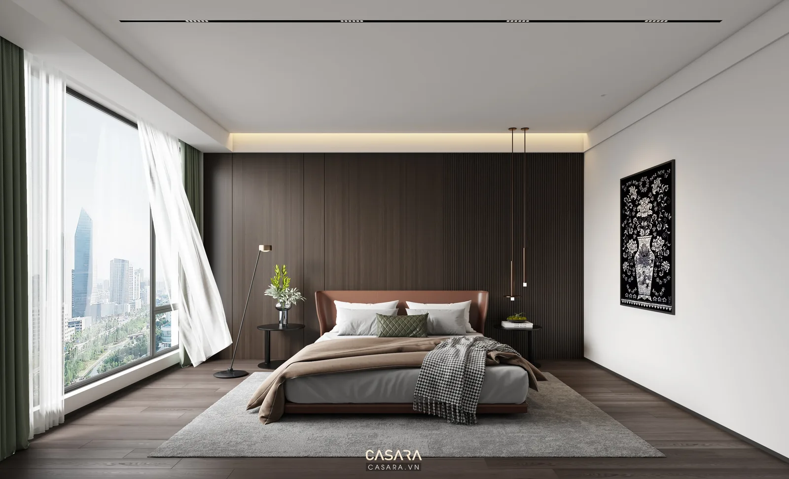 giường ngủ hiện đại với vách đầu giường gỗ và đèn ngủ hai bên