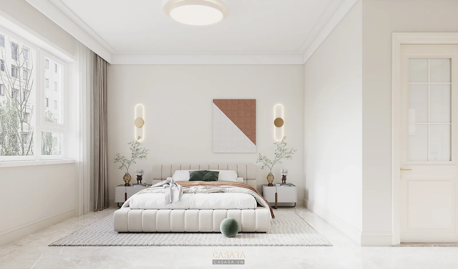 Phòng ngủ hiện đại có giường bọc nệm, tường đầu giường trang trí và đèn ngủ