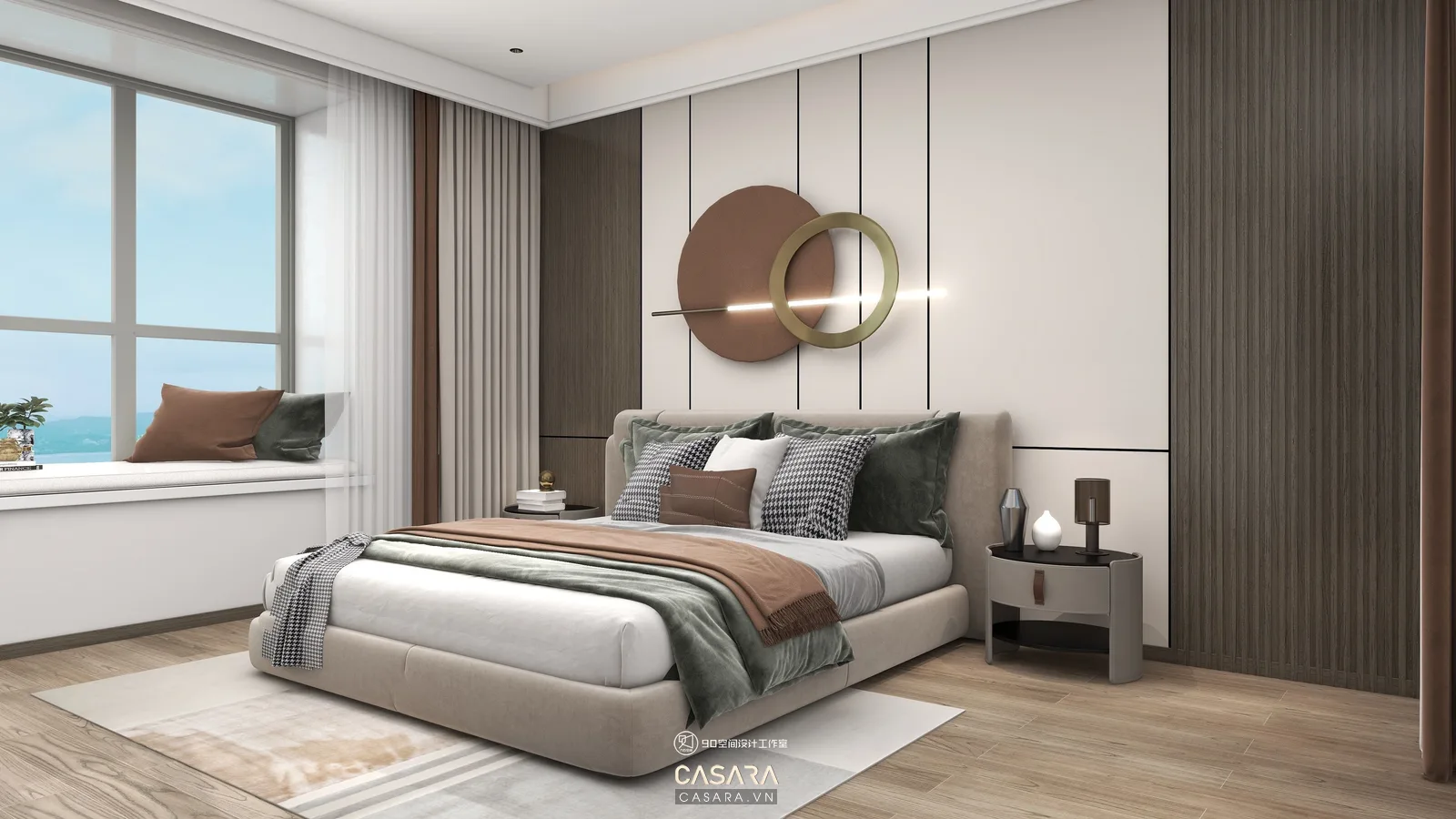 Phòng ngủ chính với giường bọc nệm tủ áo kịch trần màu trung tính và ánh sáng tự nhiên