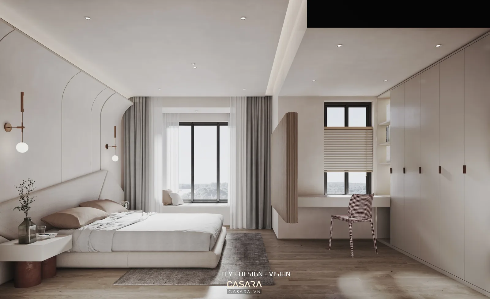 phòng ngủ chung cư nhỏ với giường, tủ áo kịch trần và bàn làm việc cạnh cửa sổ