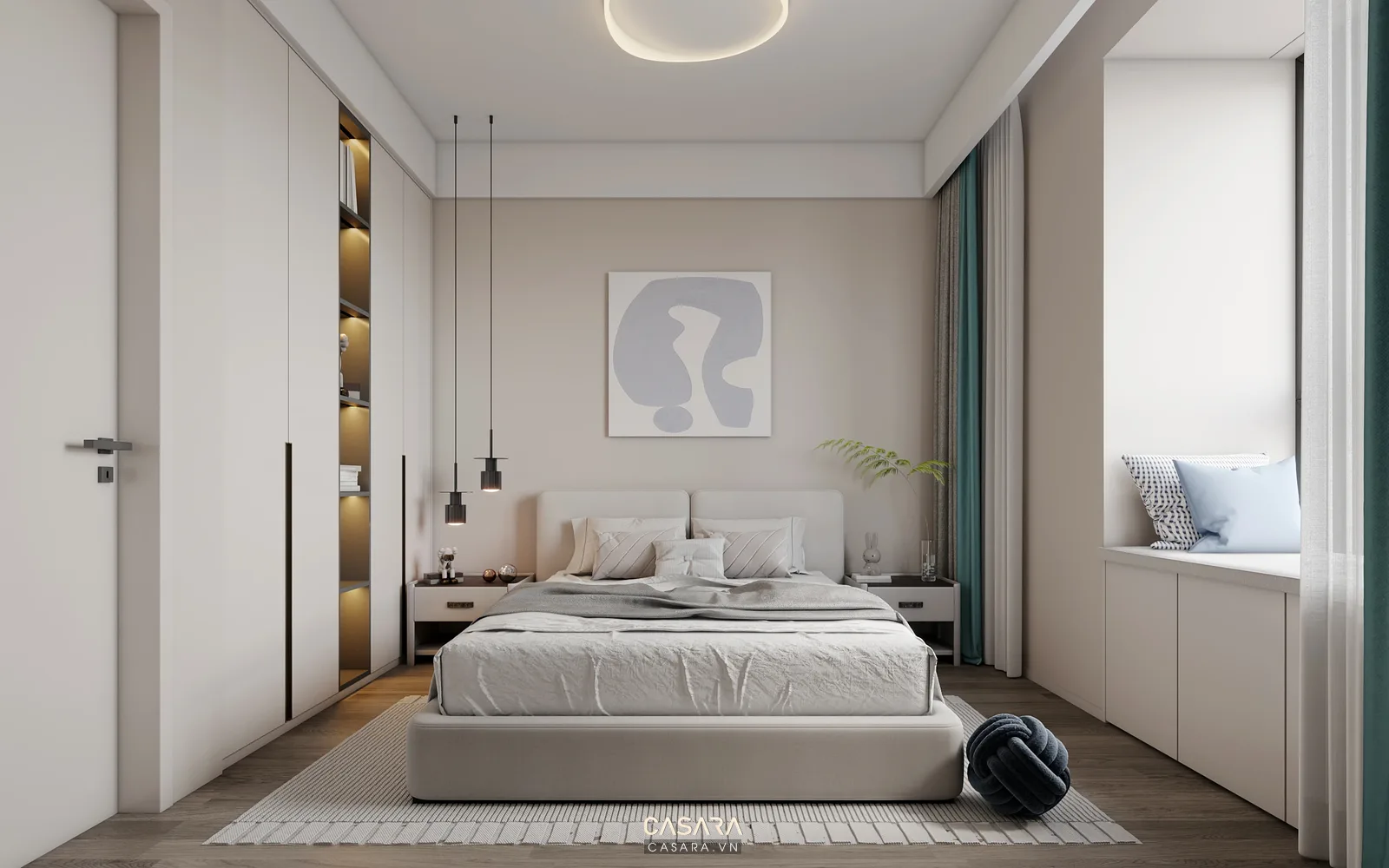 Giường ngủ căn hộ mini với đầu giường ốp gỗ và hộc lưu trữ dưới giường