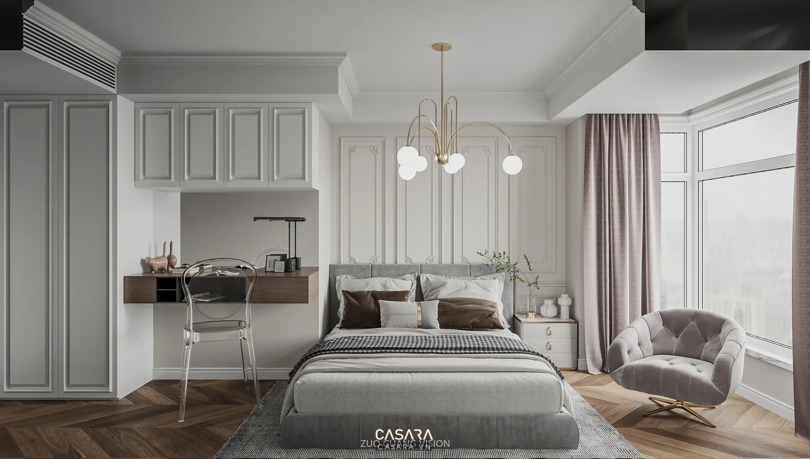 Căn hộ studio 30m2 có tủ lưu trữ cao màu sáng sàn gỗ sofa nhỏ và giường gọn