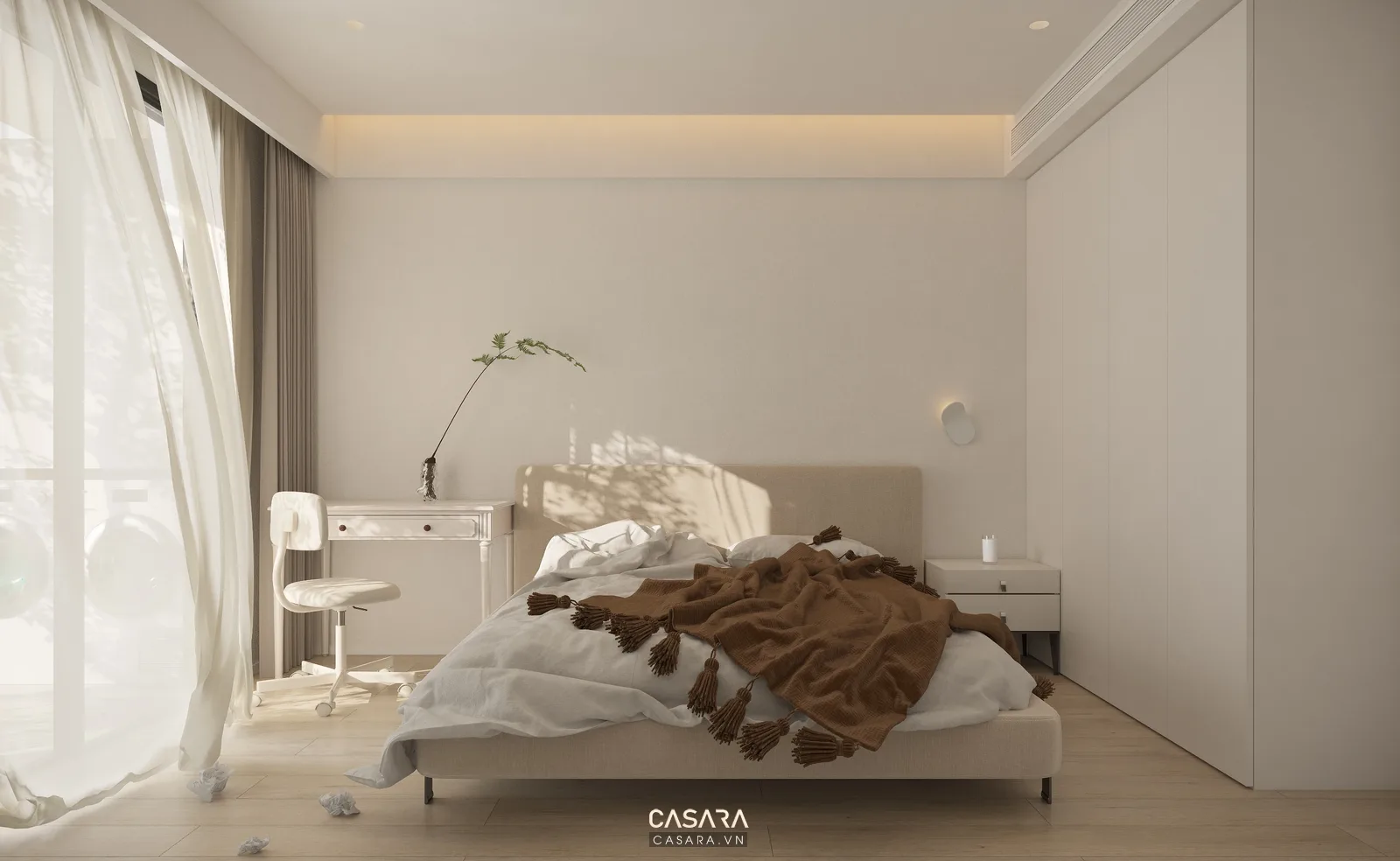 Phòng ngủ tự thiết kế nội thất căn hộ có giường gỗ, bàn làm việc cạnh cửa sổ, tủ áo trắng phẳng, ghế bọc vải và ánh sáng tự nhiên