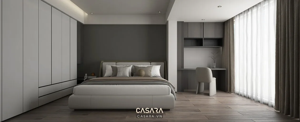 thiết kế nội thất căn hộ studio với giường sofa nhỏ và bàn làm việc cạnh cửa sổ