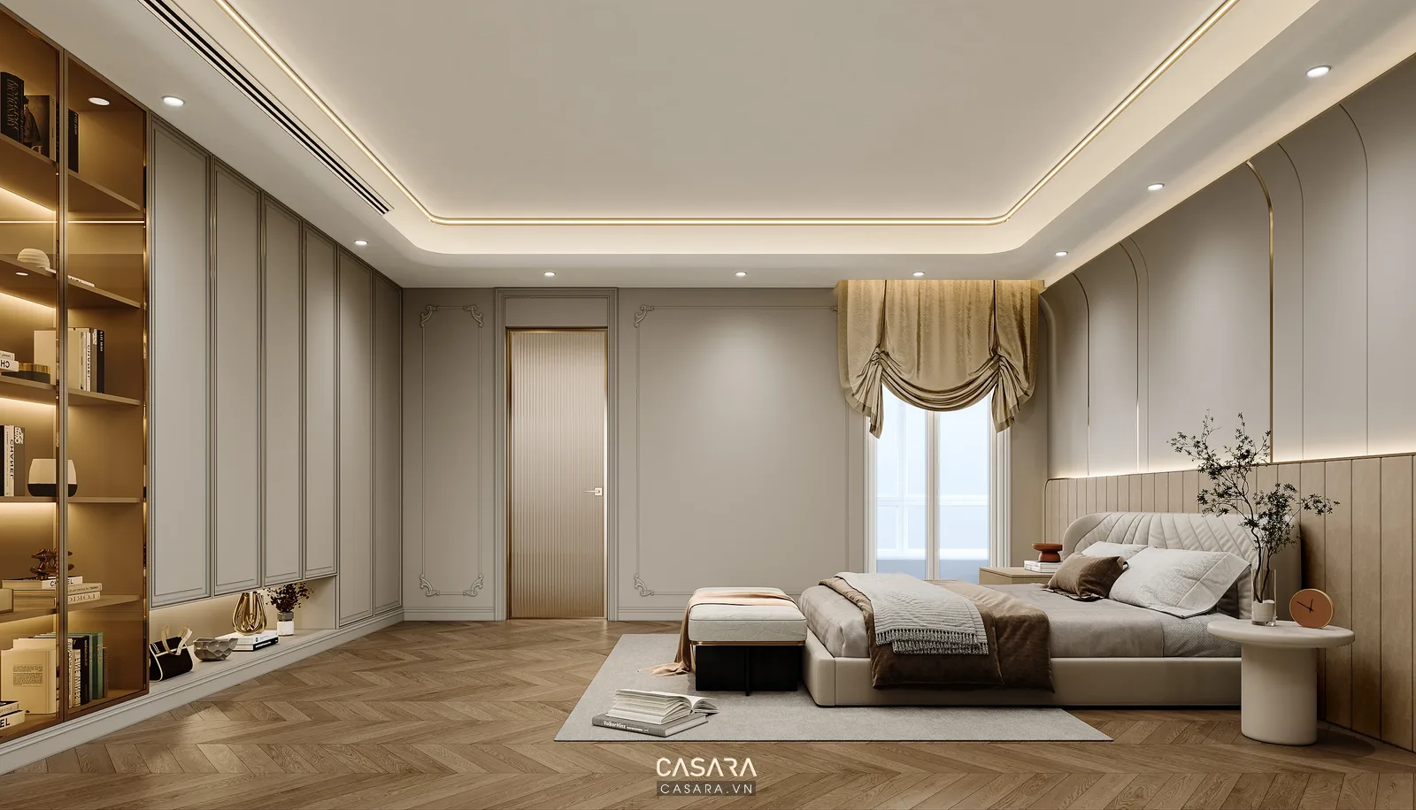 trang trí nội thất nhà với phòng ngủ hiện đại có giường, tủ quần áo và ánh sáng ấm