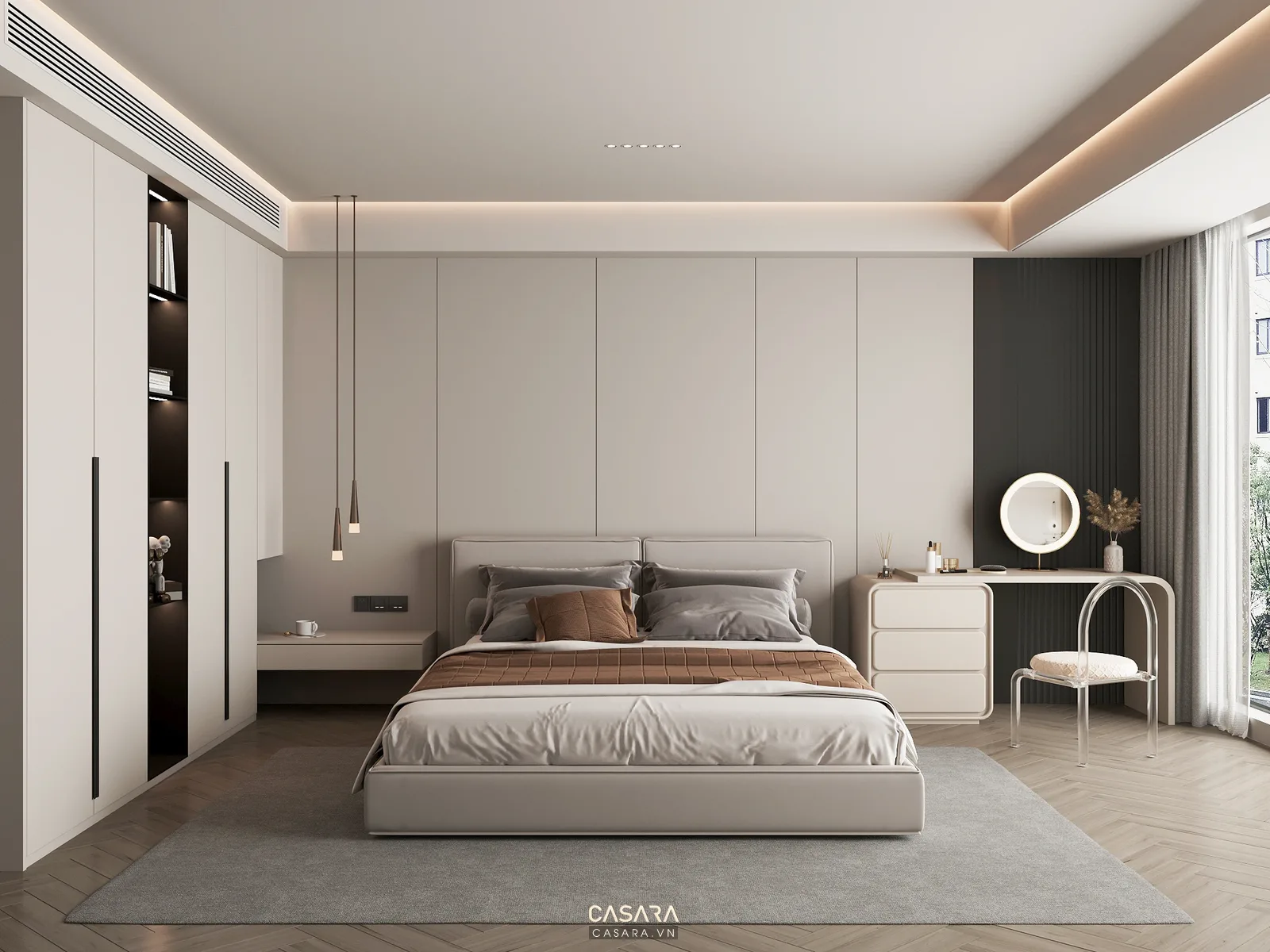 Hệ tủ phòng ngủ nhà 50m2 một phòng ngủ với tủ quần áo kịch trần và ngăn kéo