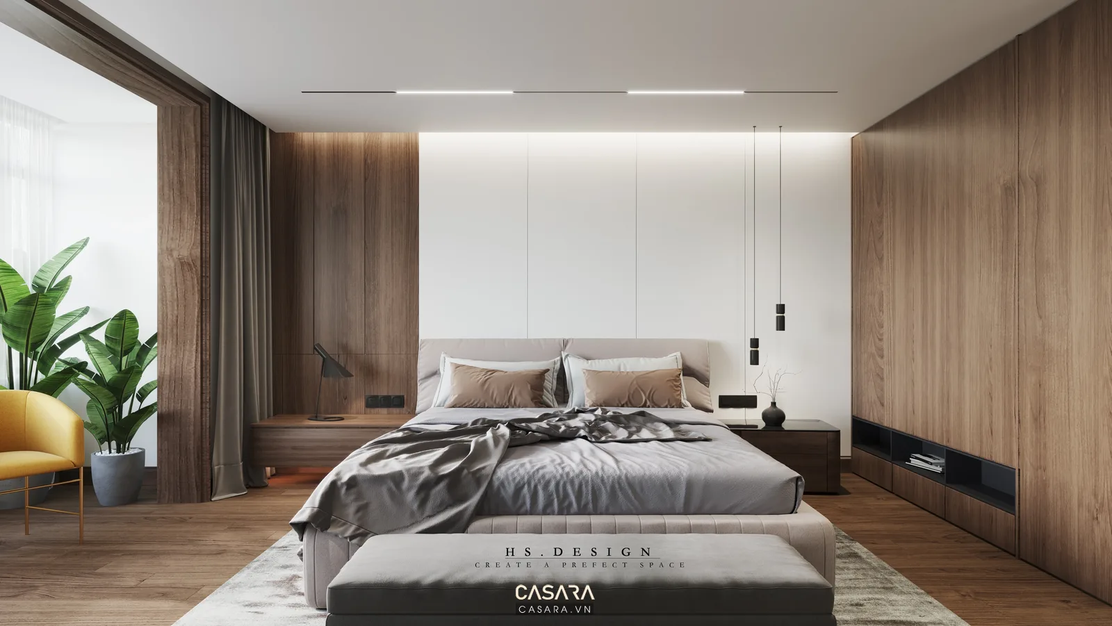 Phòng ngủ chung cư với tủ quần áo kịch trần và giường bọc nệm hiện đại