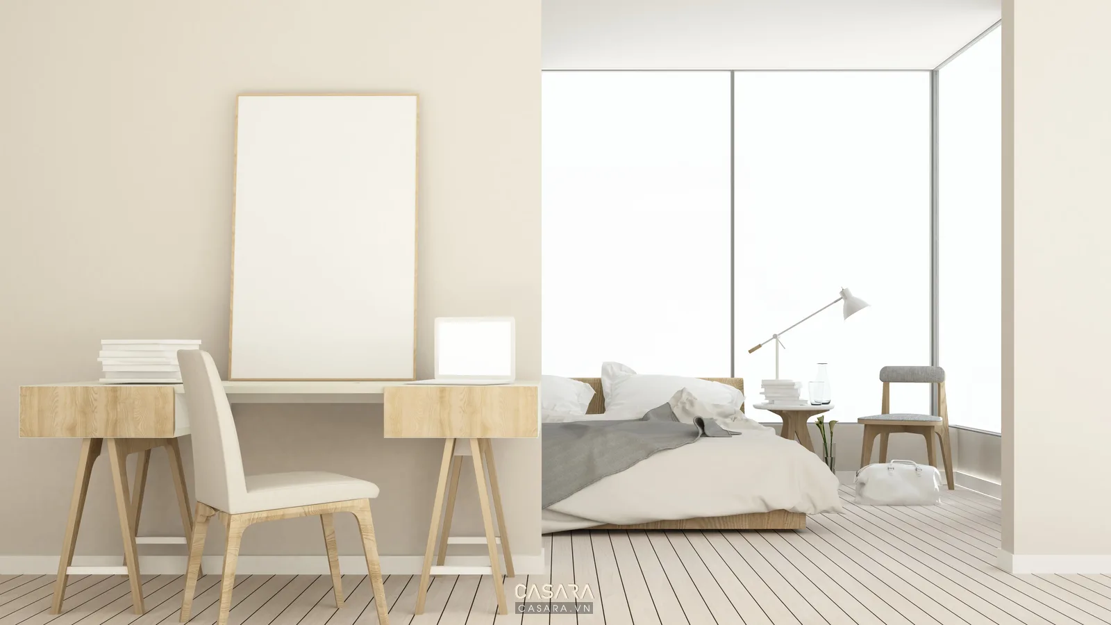 phong cách đương đại trong góc làm việc tại nhà có bàn gỗ, ghế bọc vải, kệ lưu trữ kín, ổ cắm và đèn bàn