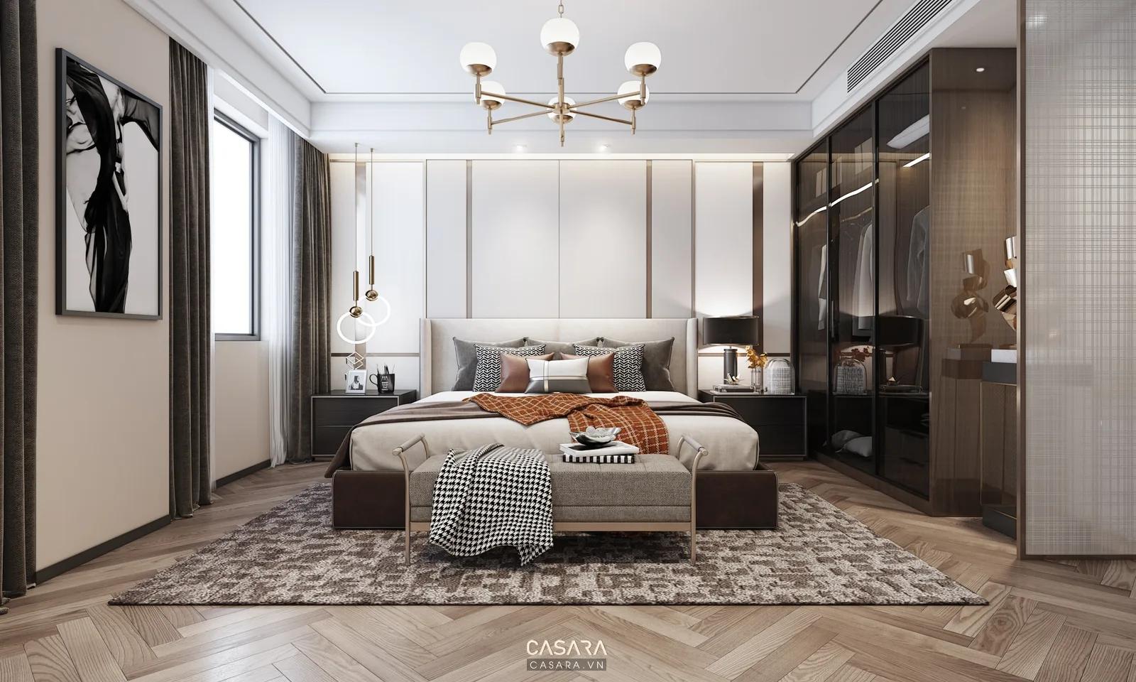 Phòng ngủ phong cách indochine hiện đại với giường gỗ, đầu giường mây đan, tủ áo phẳng và rèm sáng