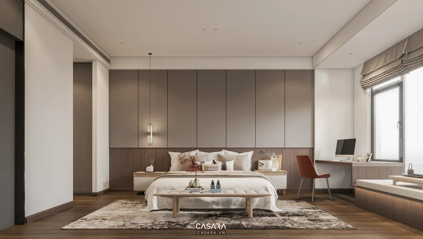 nội thất căn hộ studio có giường nhỏ tủ âm tường và bàn làm việc cạnh cửa sổ