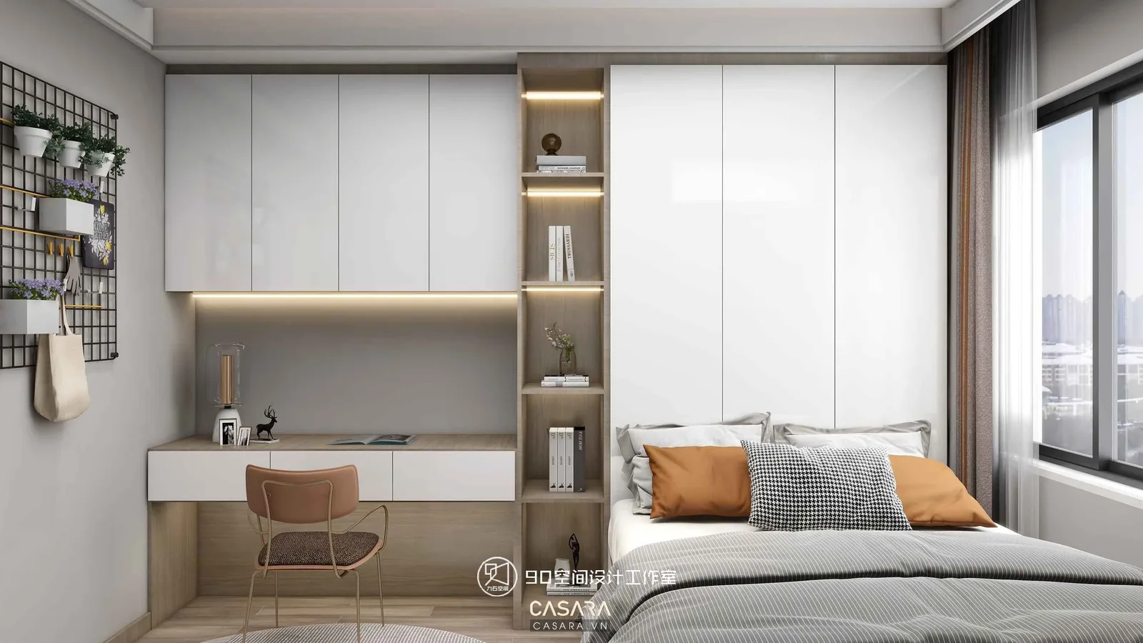 Nội thất căn hộ 1+1 Vinhomes Smart City với phòng ngủ và góc làm việc nhỏ