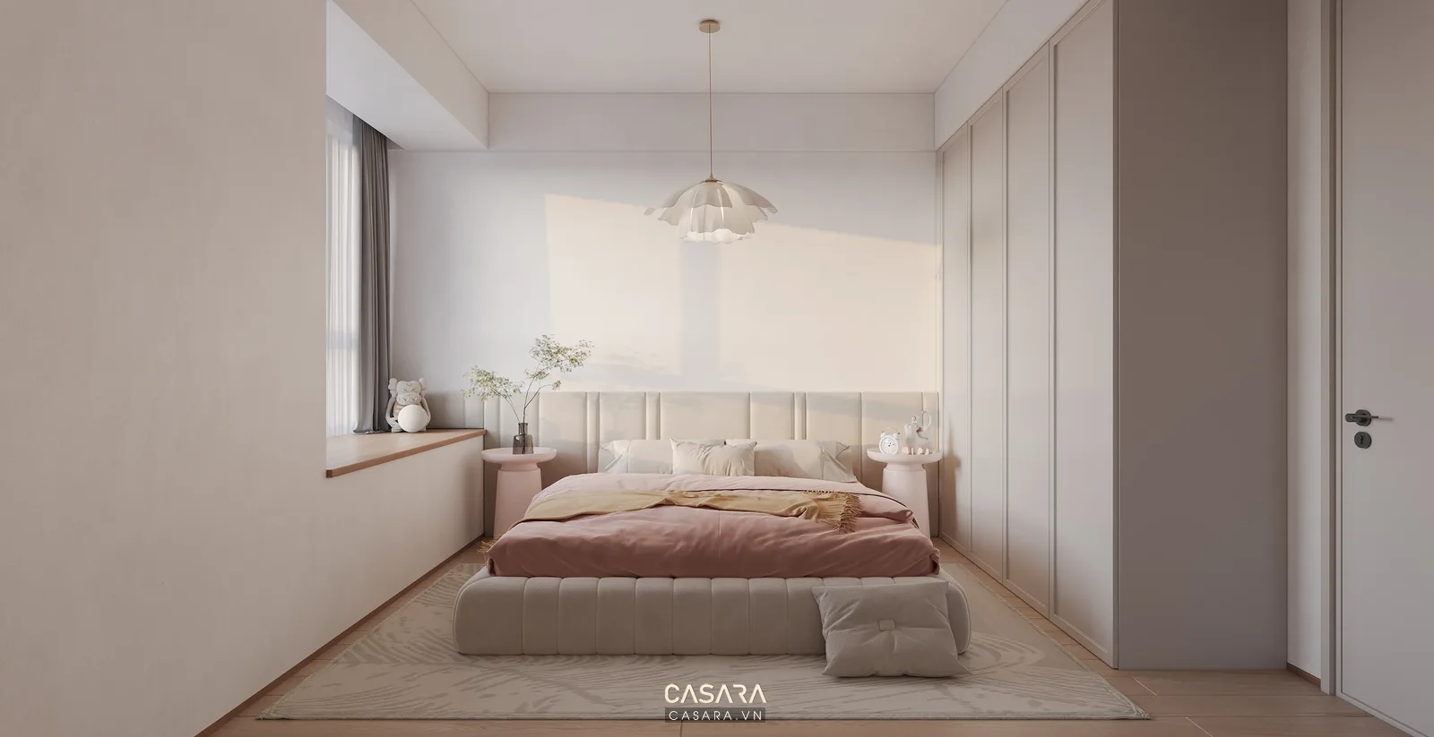 Thiết kế nhà và nội thất phòng ngủ với giường bọc nệm và tủ áo cửa lùa