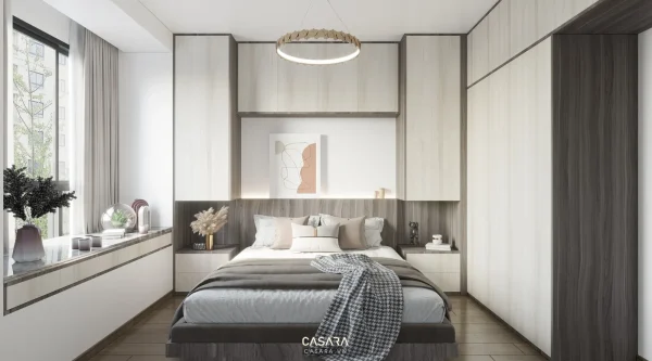 Phòng ngủ hiện đại có giường thấp, tủ âm tường sáng màu và cửa sổ lớn