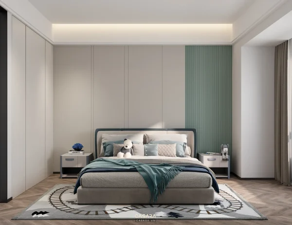 Phòng ngủ hiện đại có giường lớn, tủ âm tường và mảng ốp đầu giường màu xanh