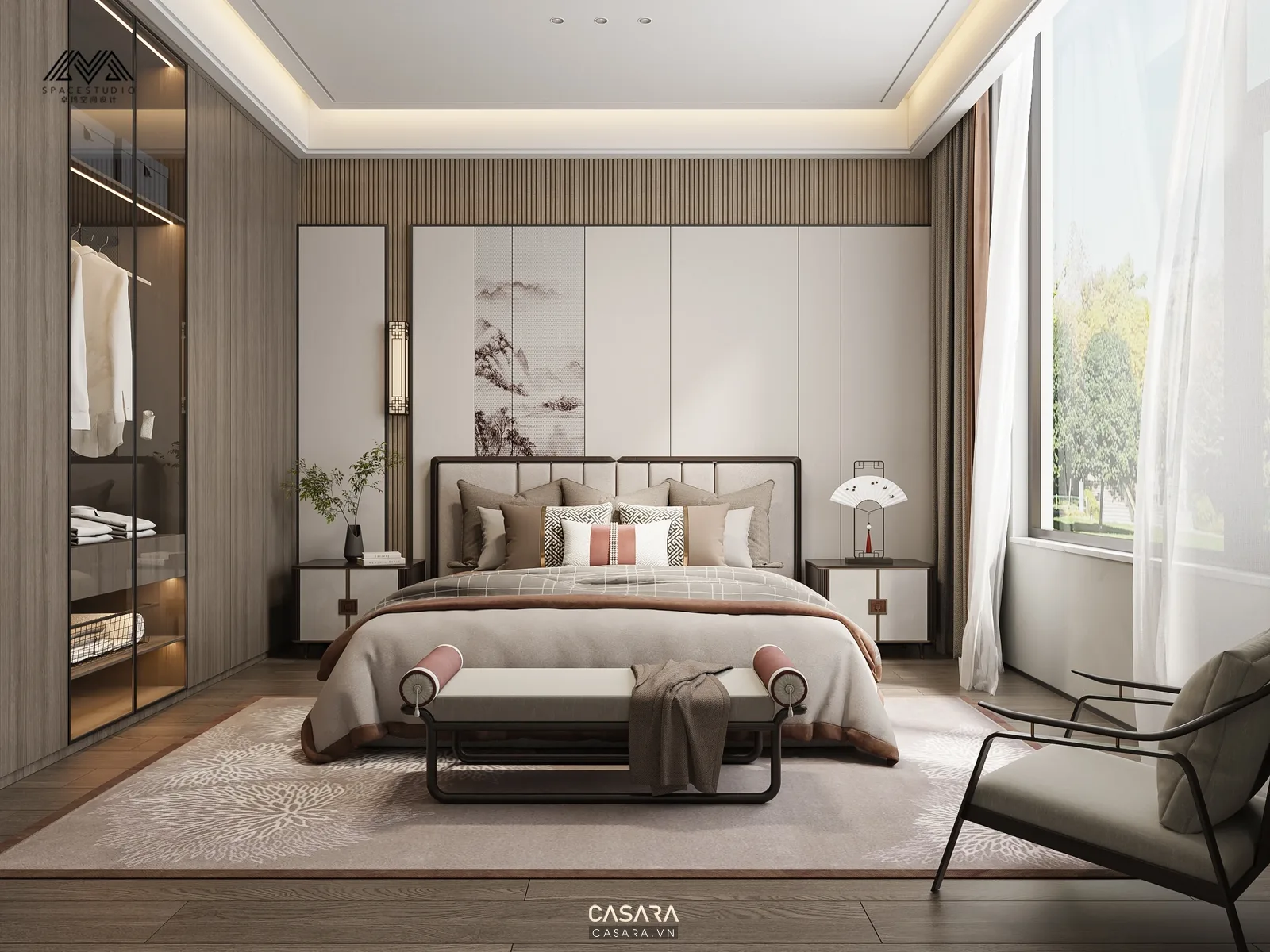 phòng ngủ căn hộ đẹp với bàn trang điểm cạnh cửa sổ tủ áo âm tường và tranh đầu giường