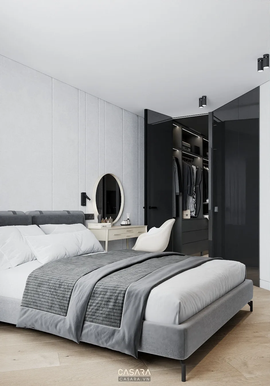 Thiết kế phòng ngủ nhà phong cách Bắc Âu với giường liền hệ tủ bàn làm việc nhỏ cạnh cửa sổ và gỗ sáng