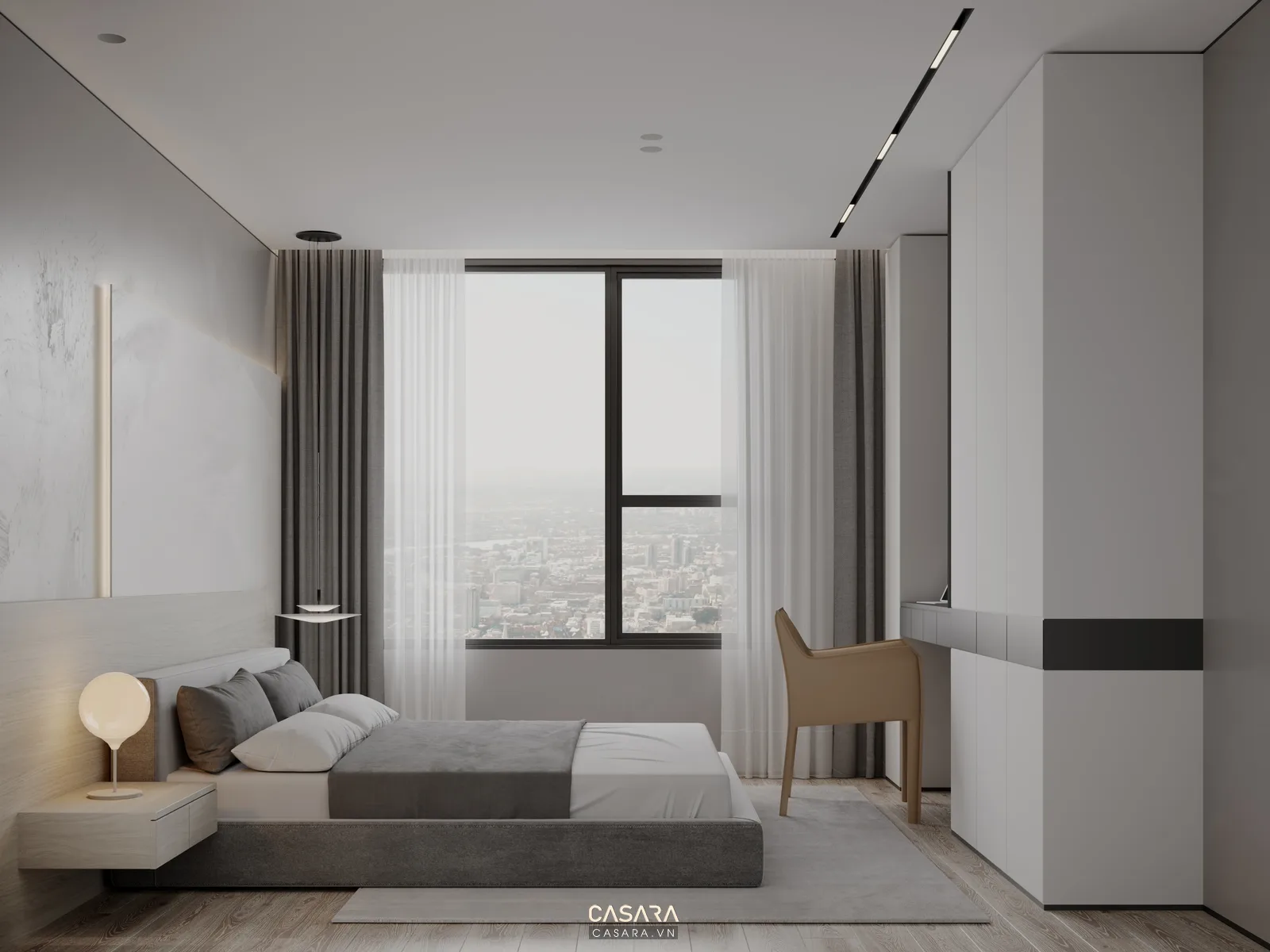 phòng ngủ căn hộ 50m2 2 phòng ngủ có giường sát tường tủ cánh lùa và bàn làm việc nhỏ