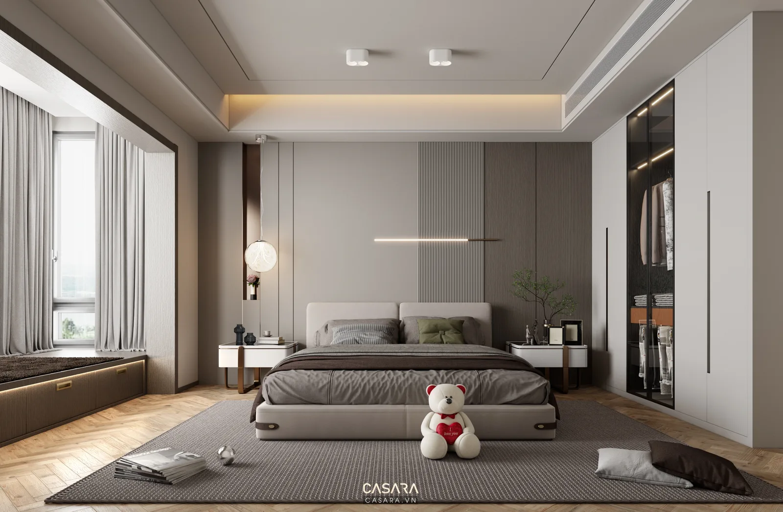 Phòng ngủ đẹp cho con gái có giường gọn, tủ lưu trữ kín và bàn học sáng màu
