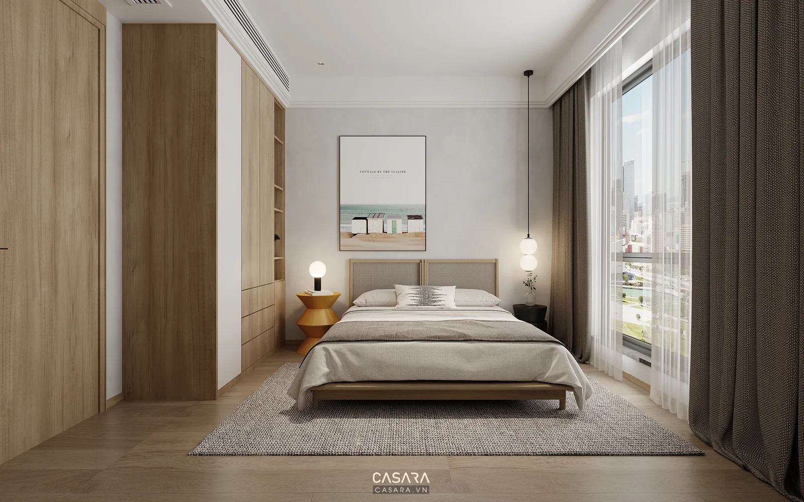 phòng ngủ căn hộ 45m2 có giường tủ áo cao kịch trần đầu giường gỗ và rèm hai lớp