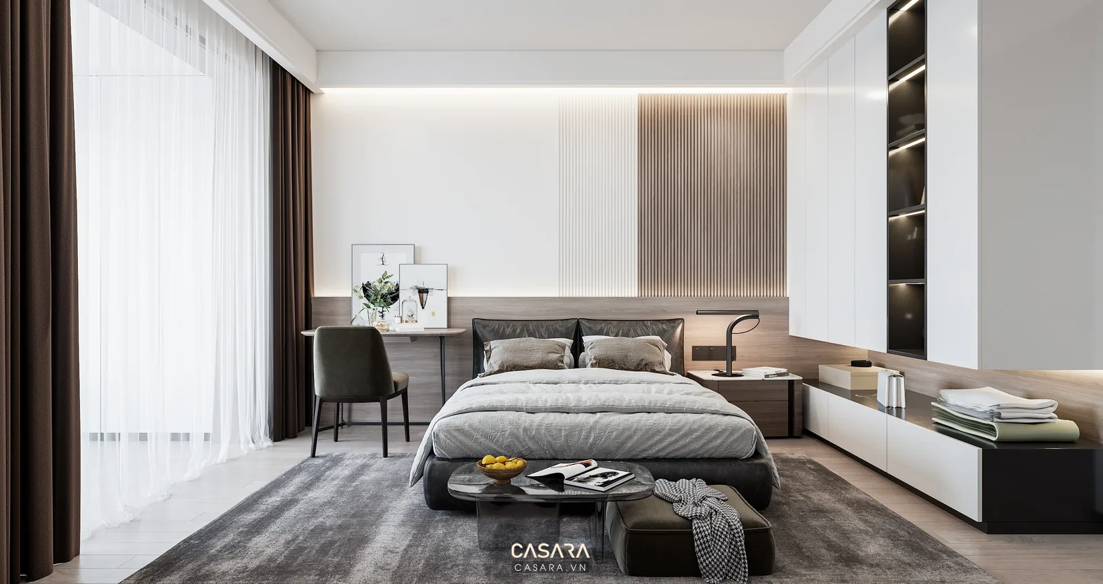 Phòng đa năng nhà chung cư đẹp 60m2 với bàn làm việc và giường đơn gọn