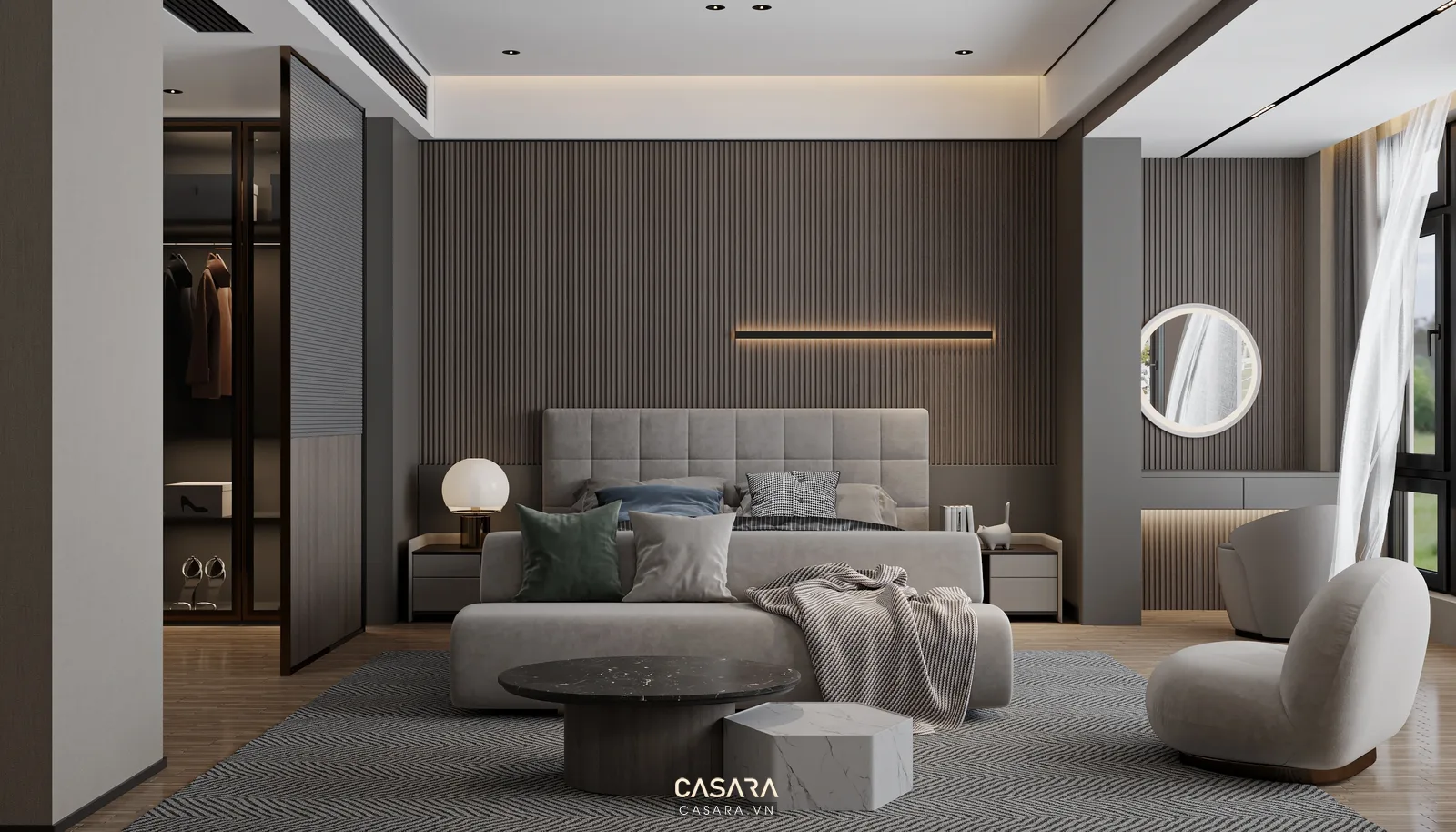 đầu giường phòng ngủ căn hộ 2 phòng ngủ với ánh sáng ấm và vách gỗ
