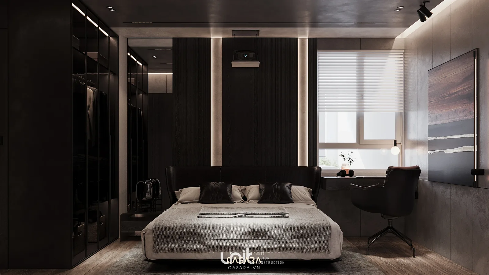 Phòng ngủ căn hộ 120m2 với đèn đầu giường ổ cắm và bàn làm việc nhỏ