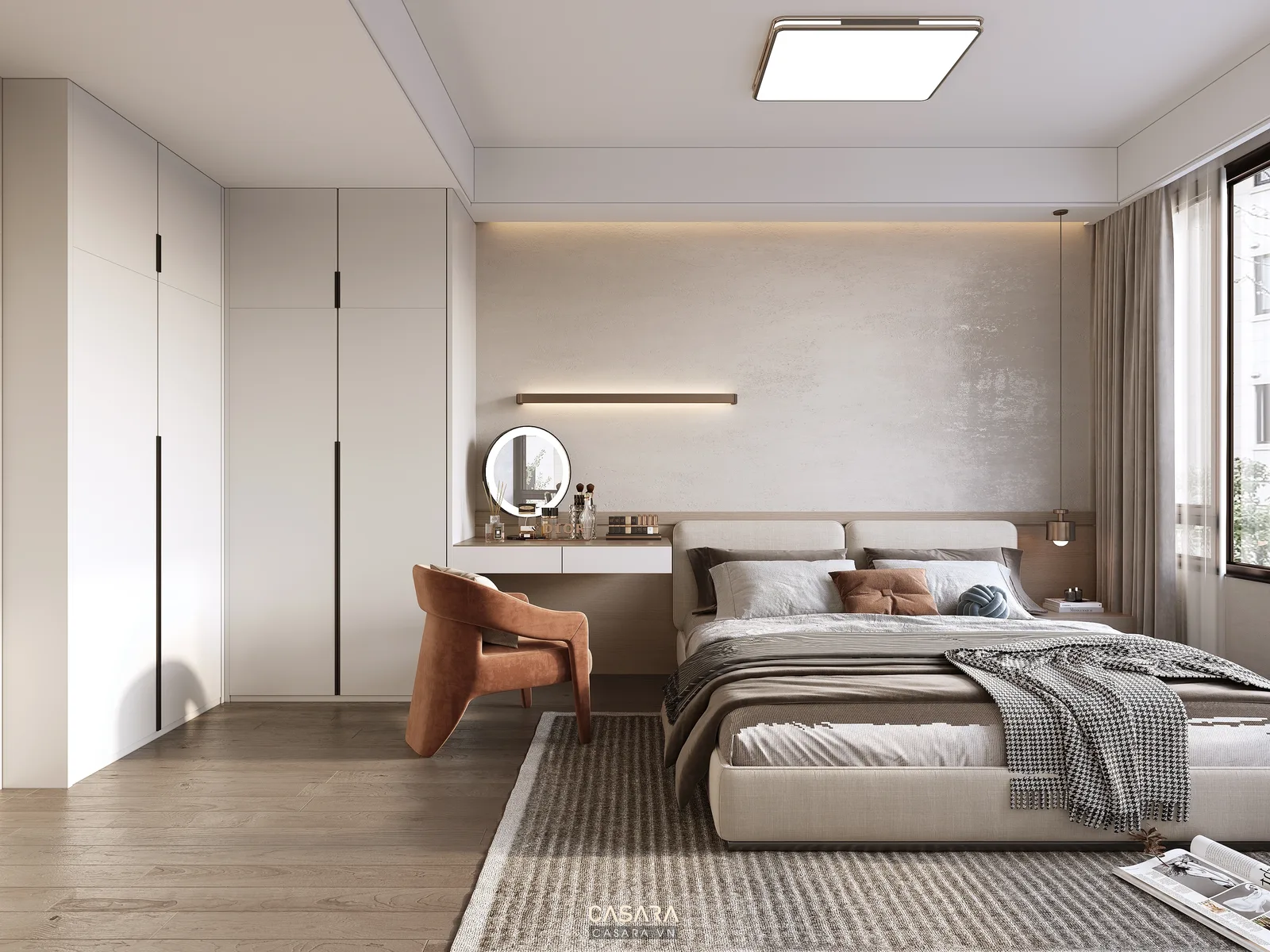 thiết kế nội thất phòng ngủ với bàn trang điểm, đèn ngủ và tủ quần áo âm tường