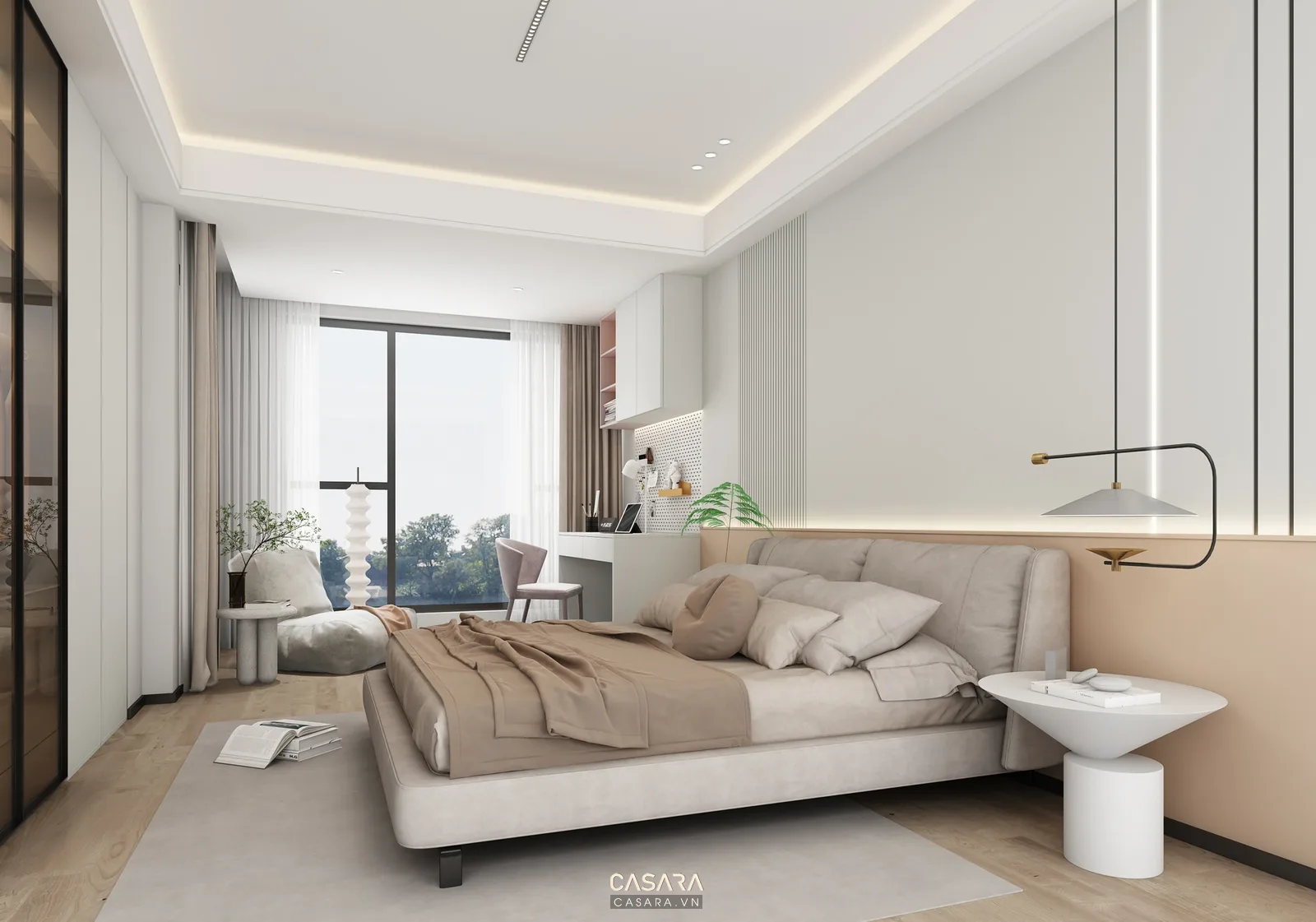 Thiết kế thi công nội thất nhà phố phòng ngủ master với giường bọc nệm tủ áo cao sát trần và ánh sáng ấm