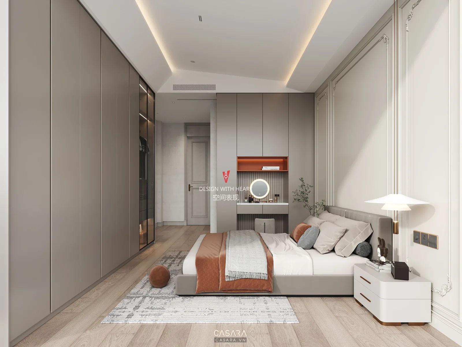 cách thiết kế nội thất phòng ngủ với giường tủ quần áo và lối đi hợp lý