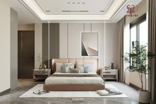 Phòng ngủ hiện đại có giường bọc nệm, vách đầu giường kẻ dọc và cửa sổ lớn đón sáng