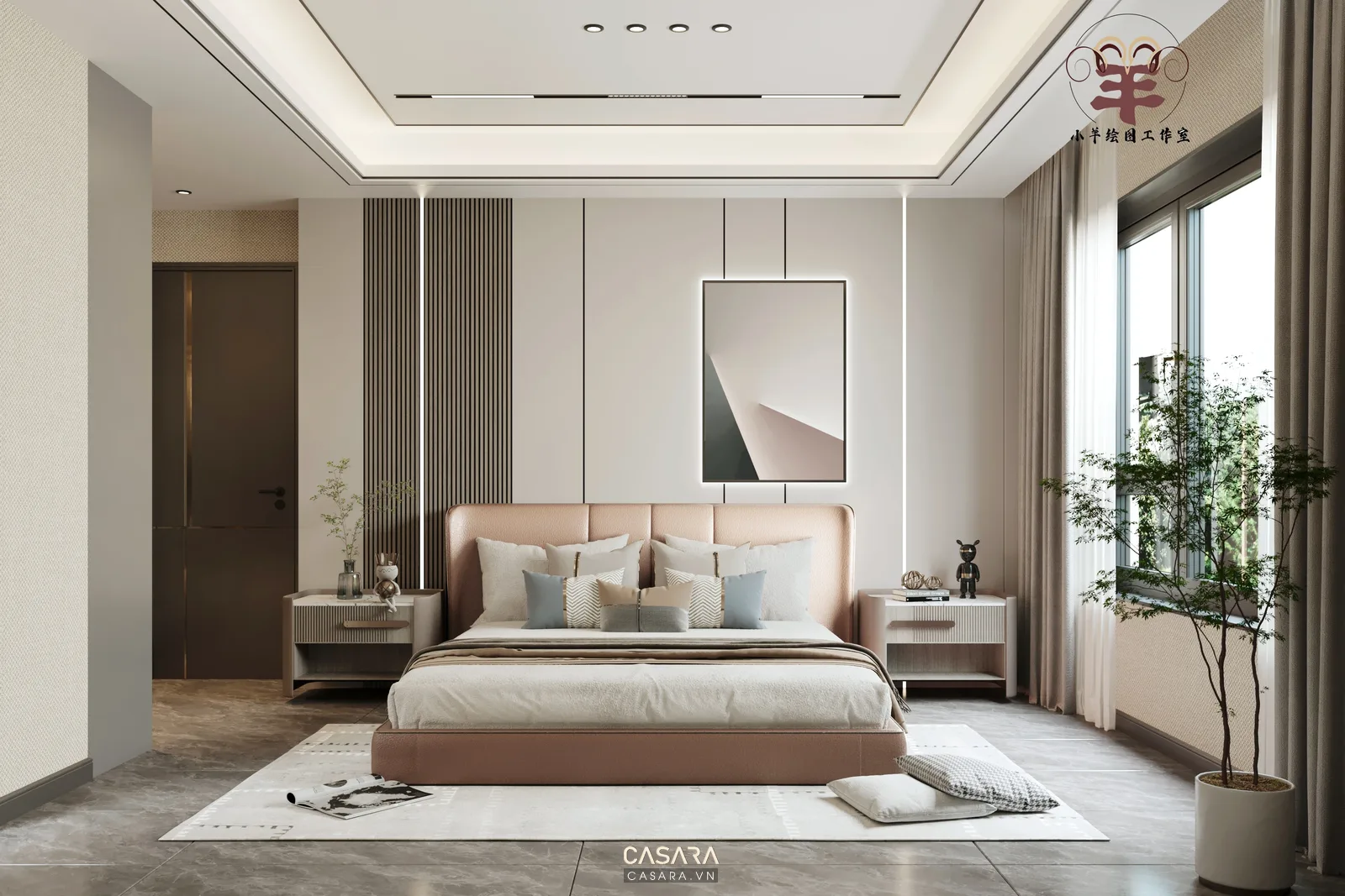 Thuê thiết kế phòng ngủ với giường bọc nệm, tủ áo âm tường, rèm sáng màu và sàn gỗ
