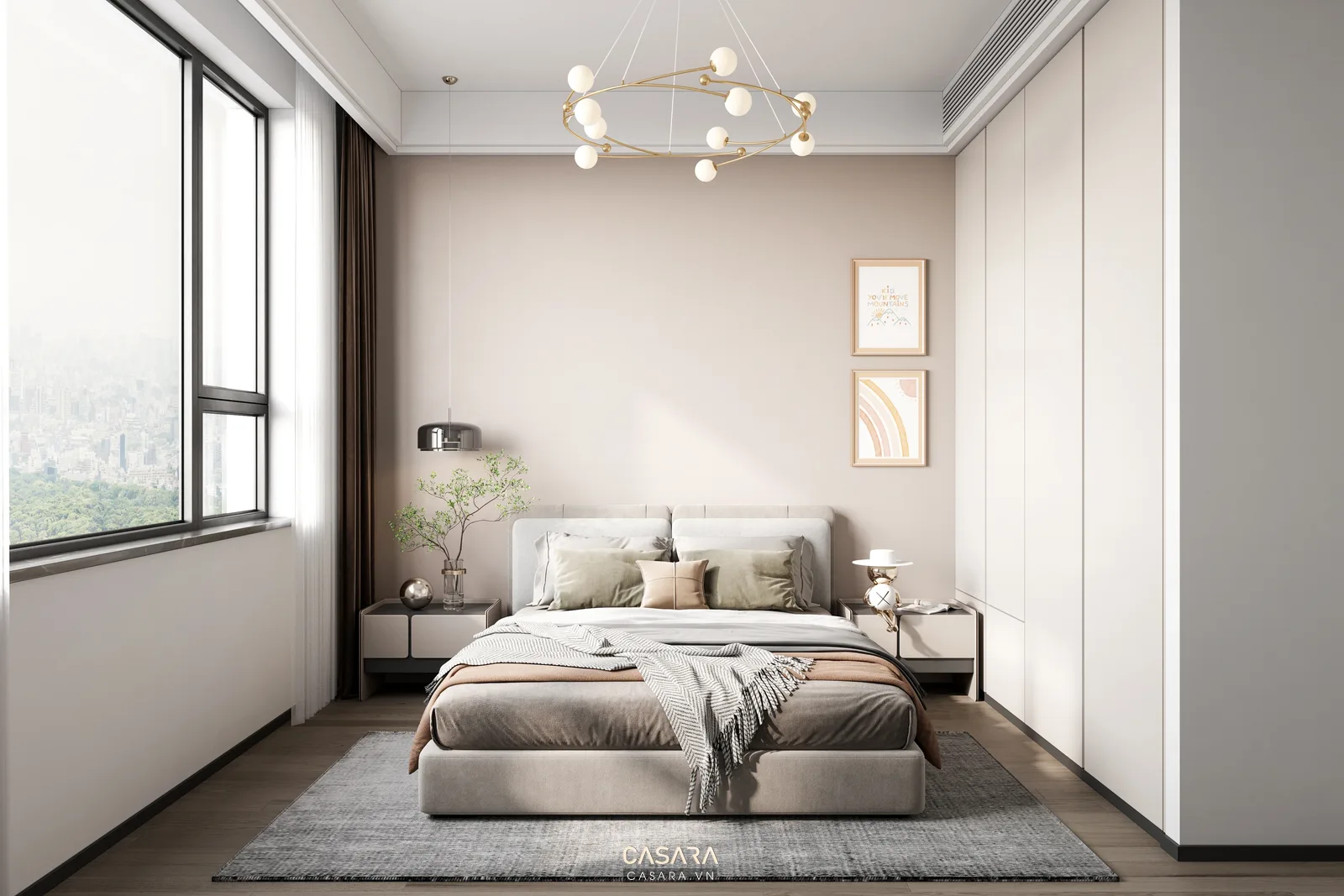 Phòng ngủ hiện đại trong thiết kế nội thất tại Hải Phòng với giường đôi tủ quần áo kịch trần và rèm hai lớp