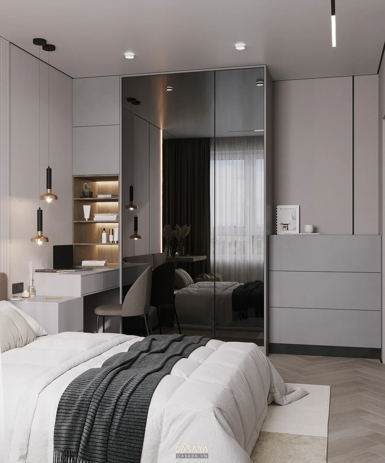 phòng ngủ chung cư đẹp có hệ tủ áo kịch trần bàn trang điểm liền tủ và giường thấp