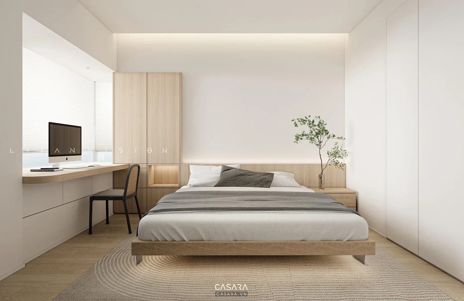 decor chung cư mini phòng ngủ nhỏ có giường ngăn kéo tủ cửa trượt và bàn làm việc liền tủ