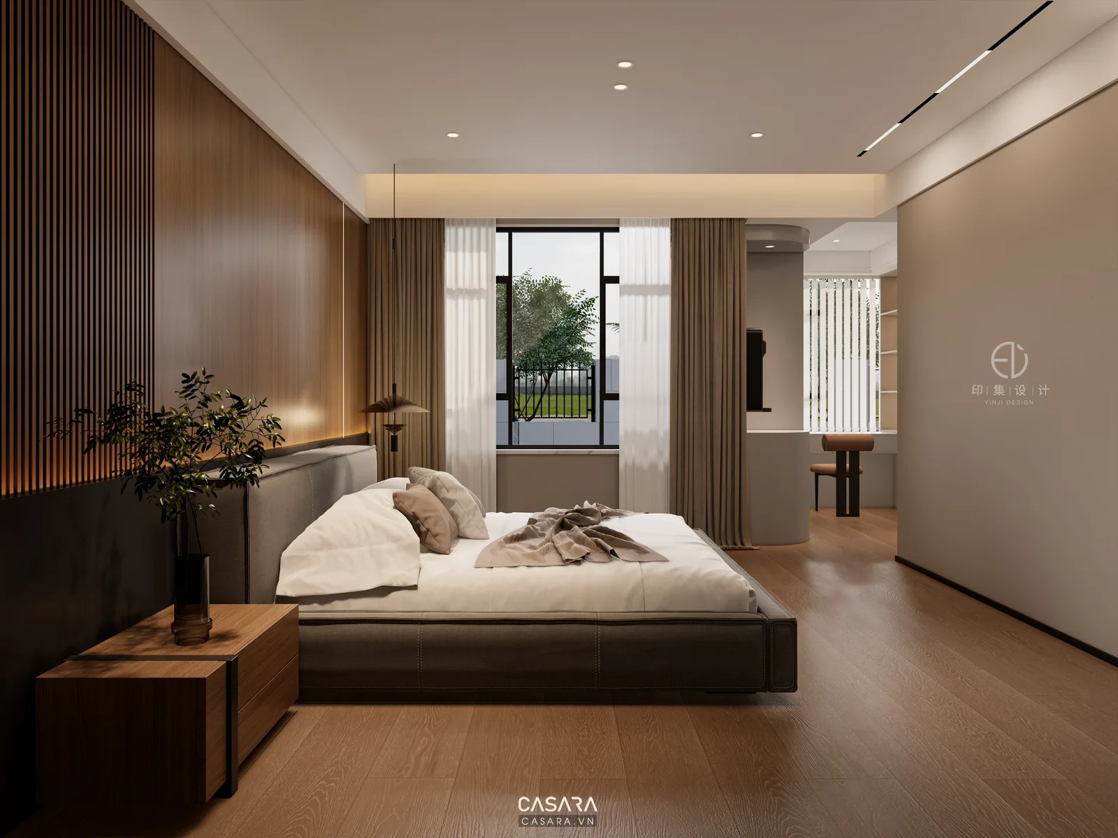 Chung cư 2 phòng ngủ hiện đại ấm áp với tủ âm tường gỗ sáng và đèn hắt