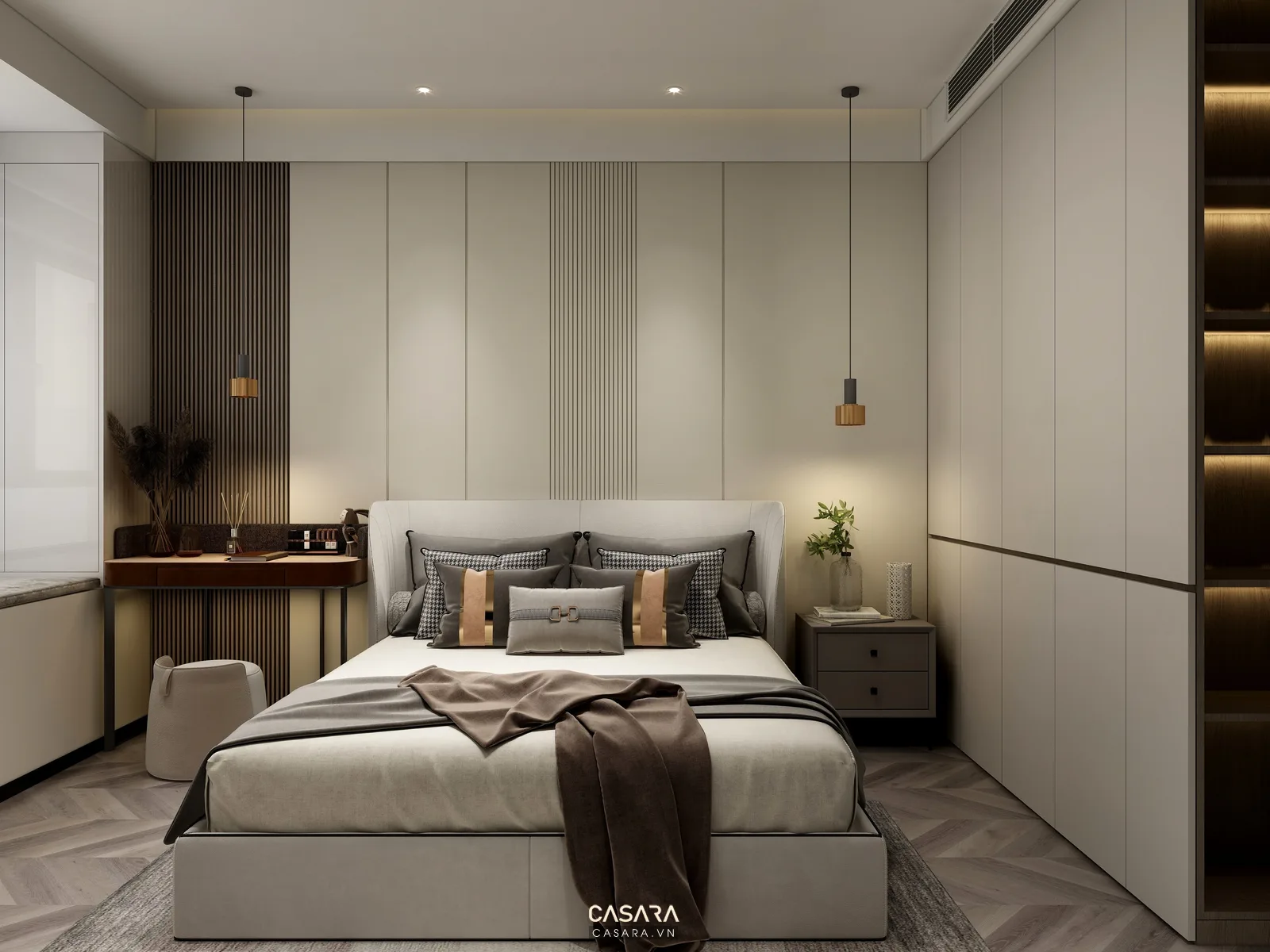 Phòng ngủ chung cư hiện đại với giường, tủ kịch trần và đèn dịu