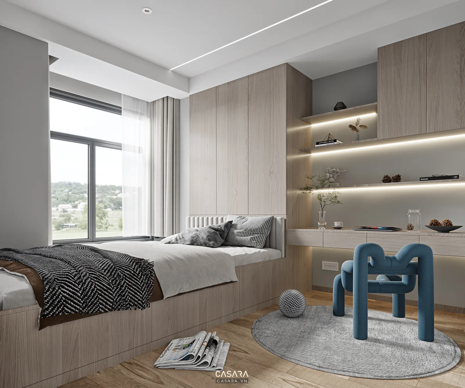 Mẫu phòng ngủ nhà phố có tủ áo kịch trần và nội thất gỗ sáng