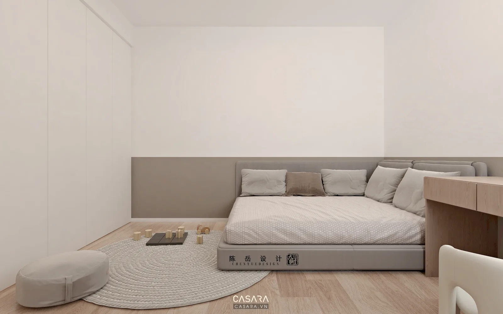 Mẫu phòng ngủ cho bé với giường gỗ sáng và kệ sách thấp