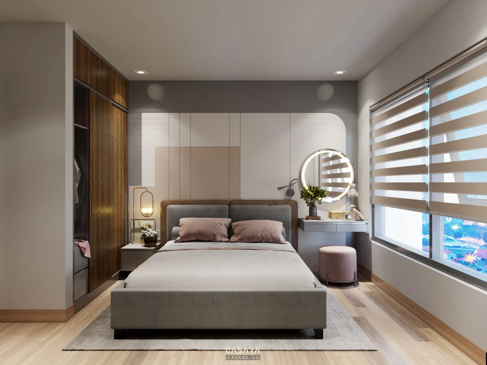 Phòng ngủ chung cư hiện đại với giường tủ áo và bàn trang điểm nhỏ