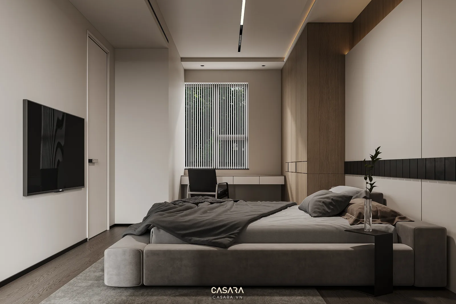Mặt bằng thiết kế phòng 45m2 với giường lớn tủ áo kịch trần và bàn làm việc cạnh cửa sổ