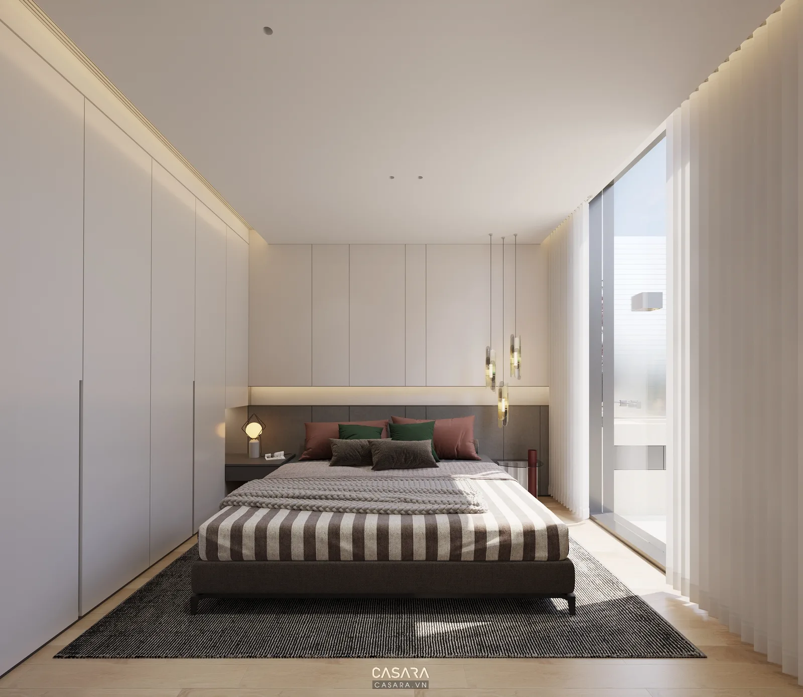 Chung cư 55m2 có hệ tủ lưu trữ kín gồm tủ giày tủ tivi và tủ áo kịch trần gỗ sáng