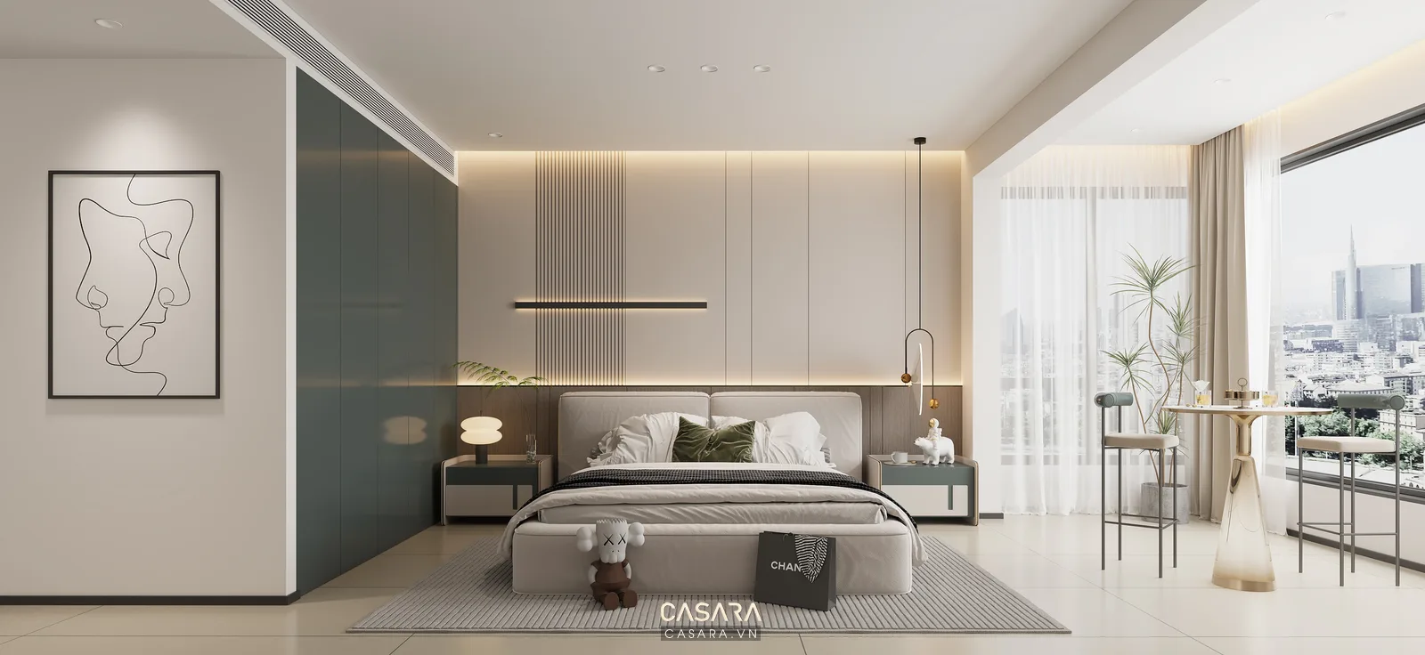 thi công trọn gói nội thất phòng ngủ với giường bọc nệm và tủ áo âm tường