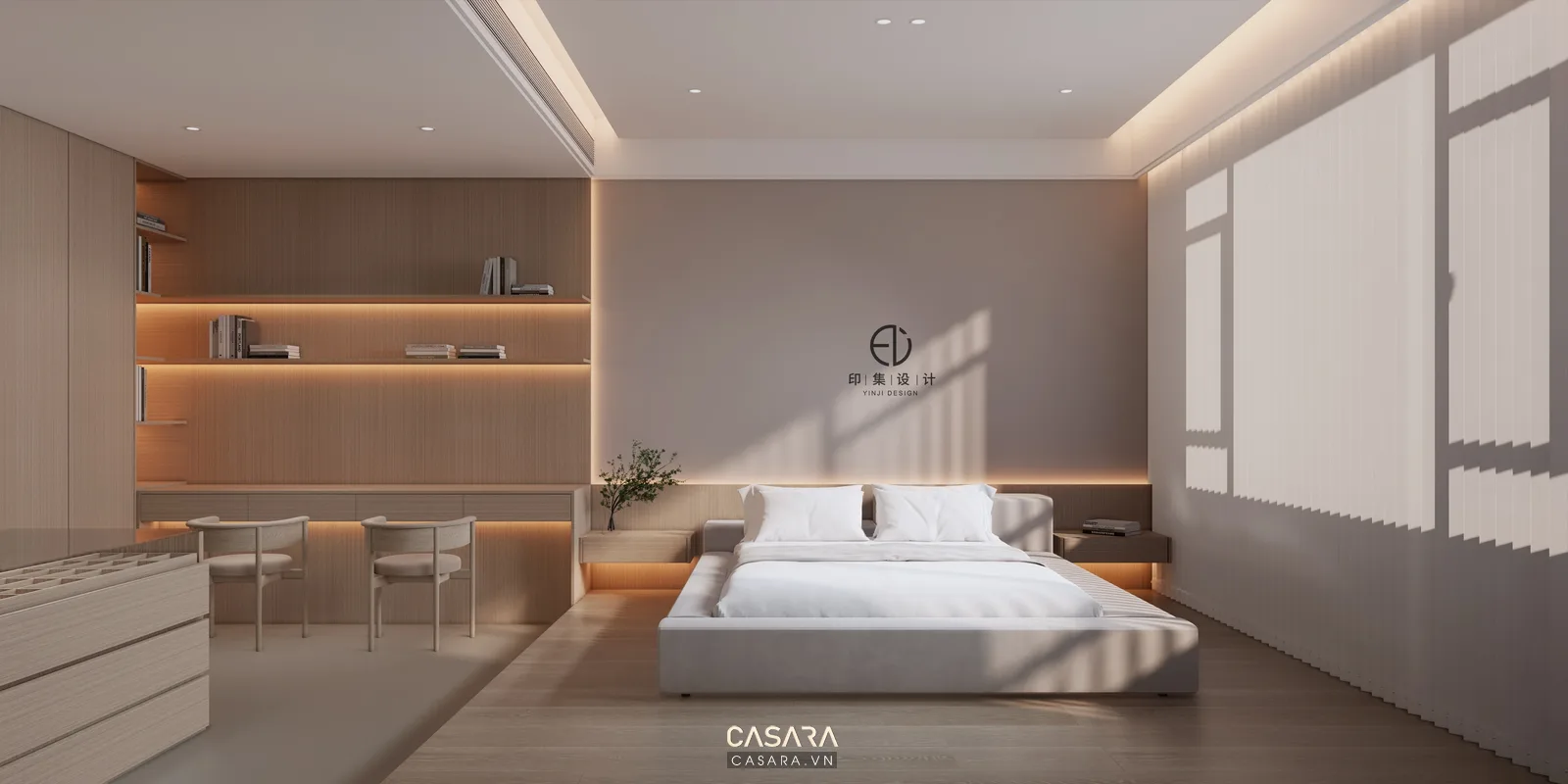 căn hộ studio buổi tối có đèn đầu giường đèn bếp đèn thả và rèm hai lớp