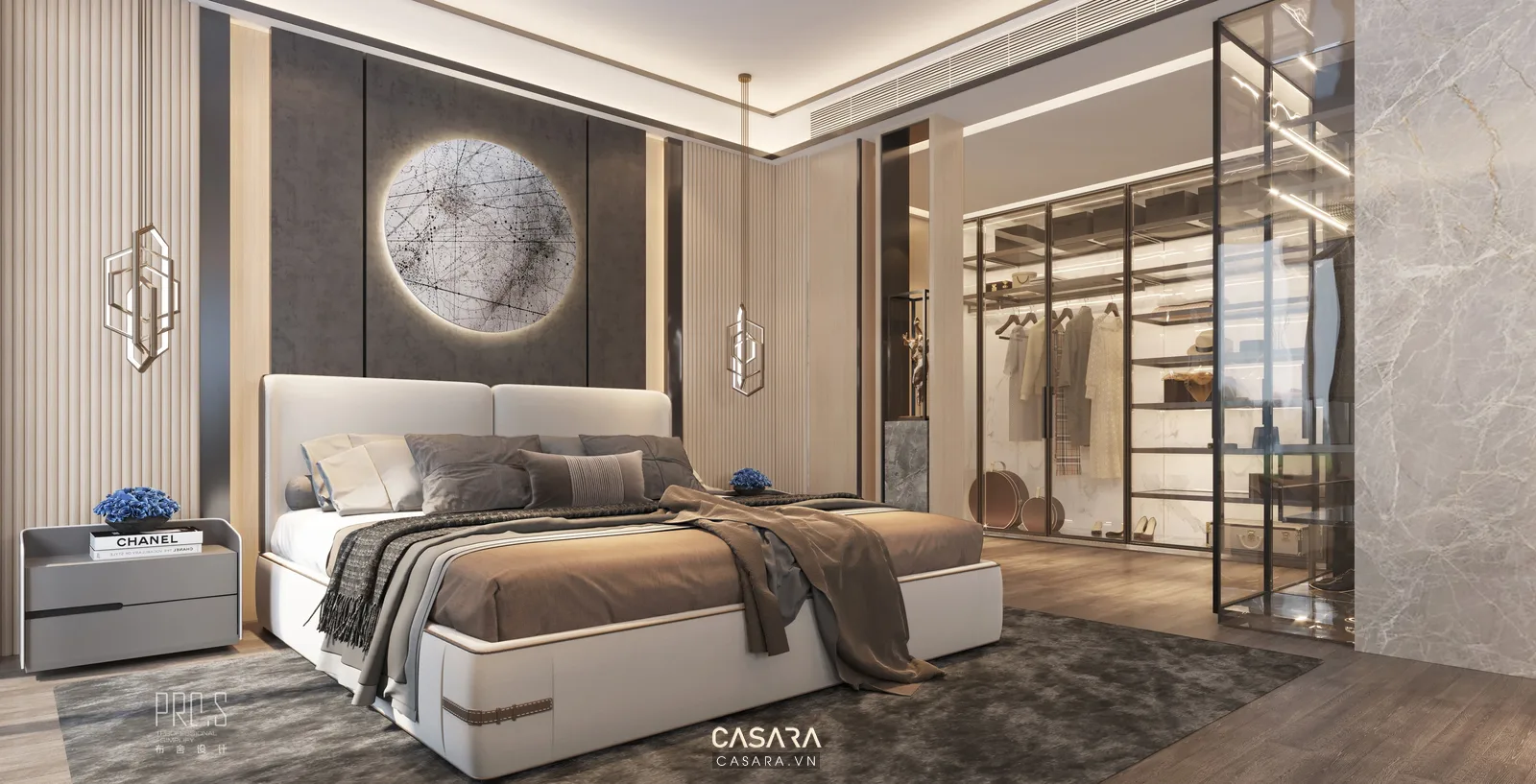 hệ tủ áo lớn trong phòng ngủ 60m2 với khu thay đồ gọn gàng