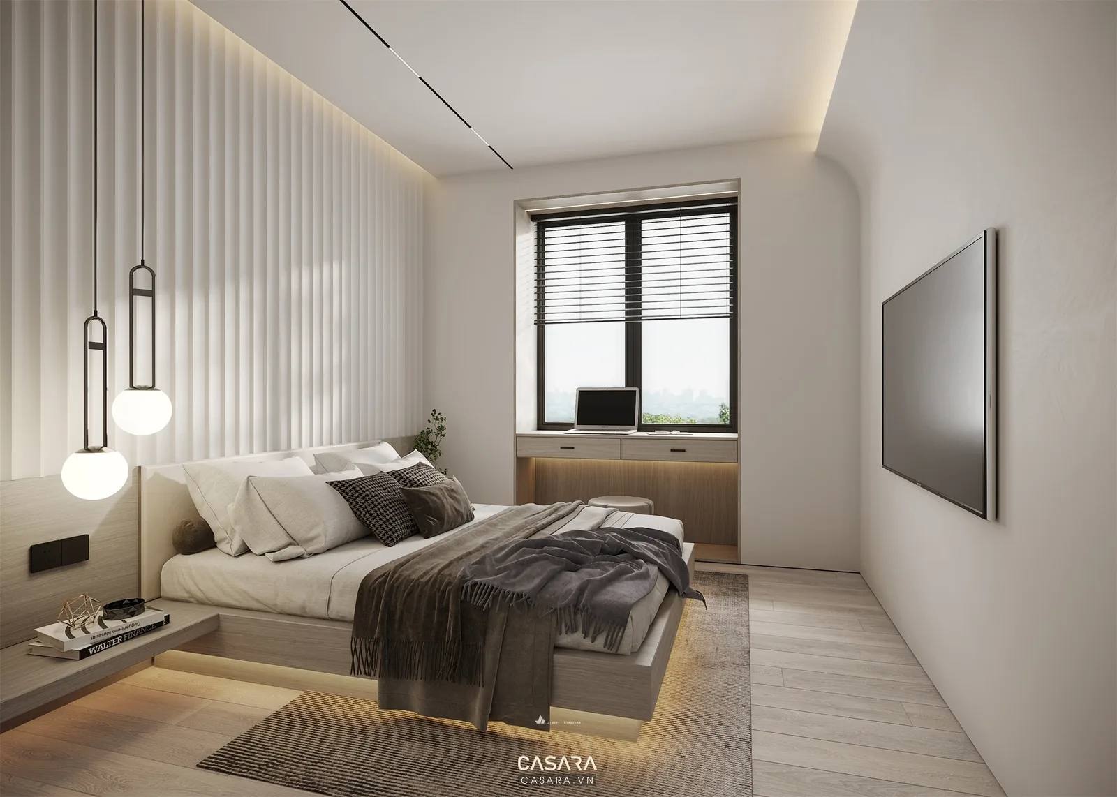 Phòng ngủ căn hộ TP HCM với giường bọc nệm tủ áo kịch trần và bàn làm việc nhỏ
