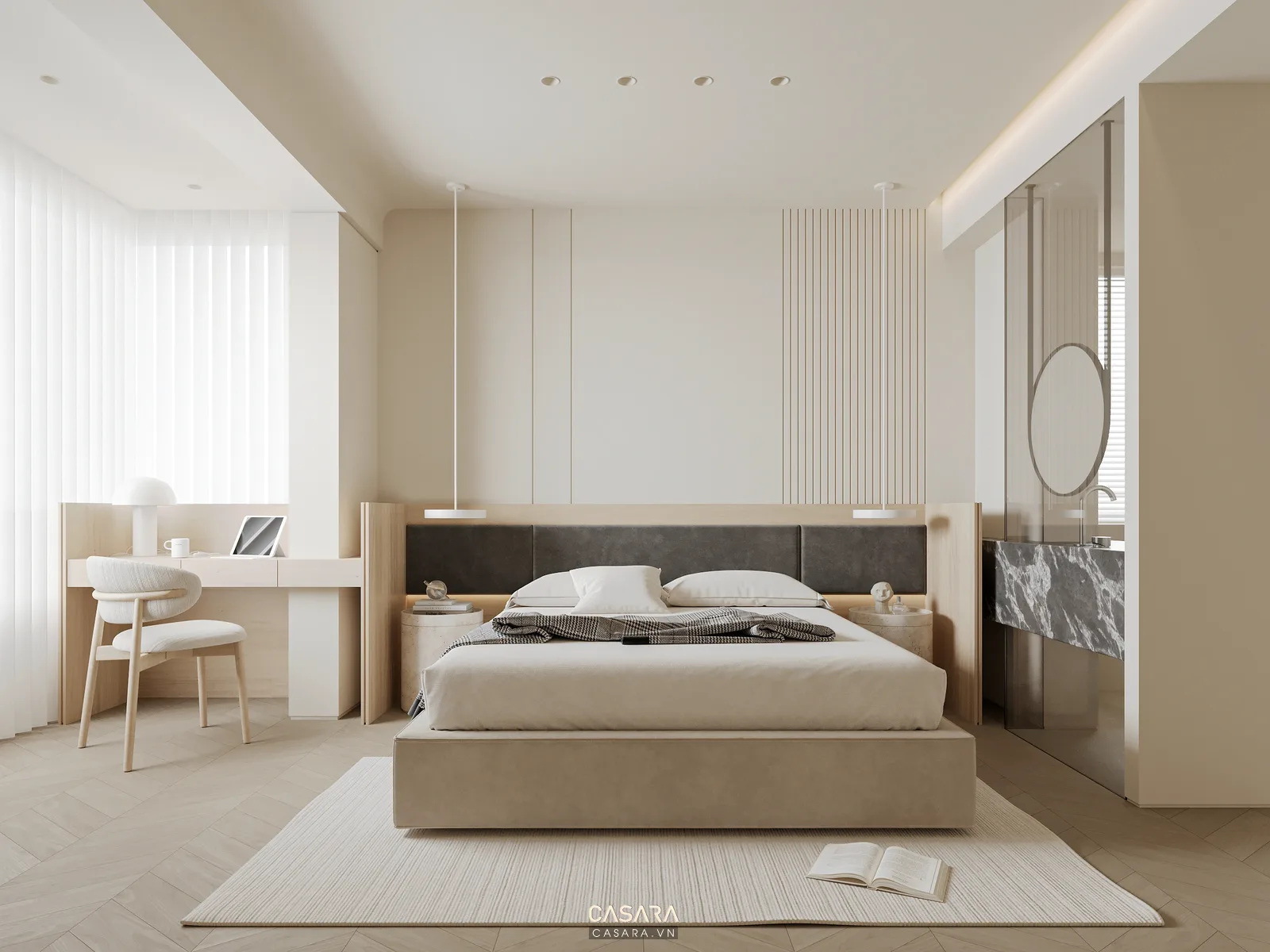 Góc làm việc cạnh cửa sổ trong căn hộ studio 30m2 có giường ngủ và kệ thấp